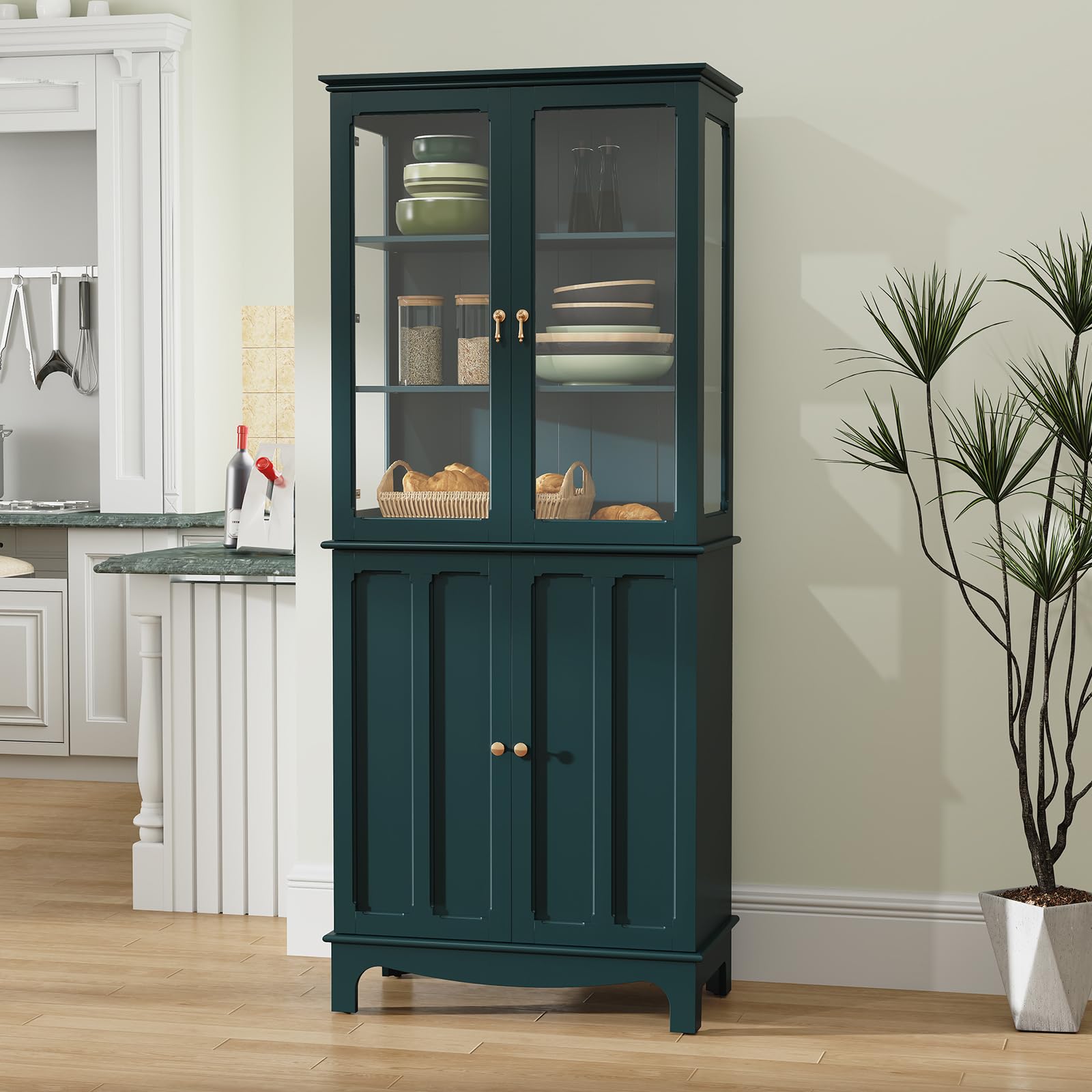 ARTPOWER 72" Freestanding Kitchen Pantry Storage Sideboard, Classical Tall Cabinet with Glass Door and Adjustable Shelves for Kitchen, Livingroom and Dining Room, Dark Teal