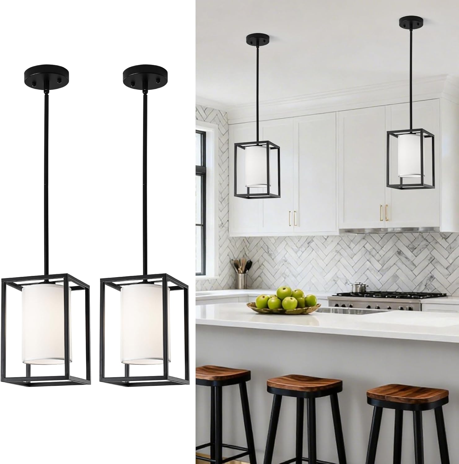 Black Pendant Lights Kitchen Island 2 Pack, Modern Small Lantern Kitchen Pendant Lighting Over Island, Farmhouse Kitchen Island Lights Ceiling Hanging, Industrial Cage Pendant Light Fixtures