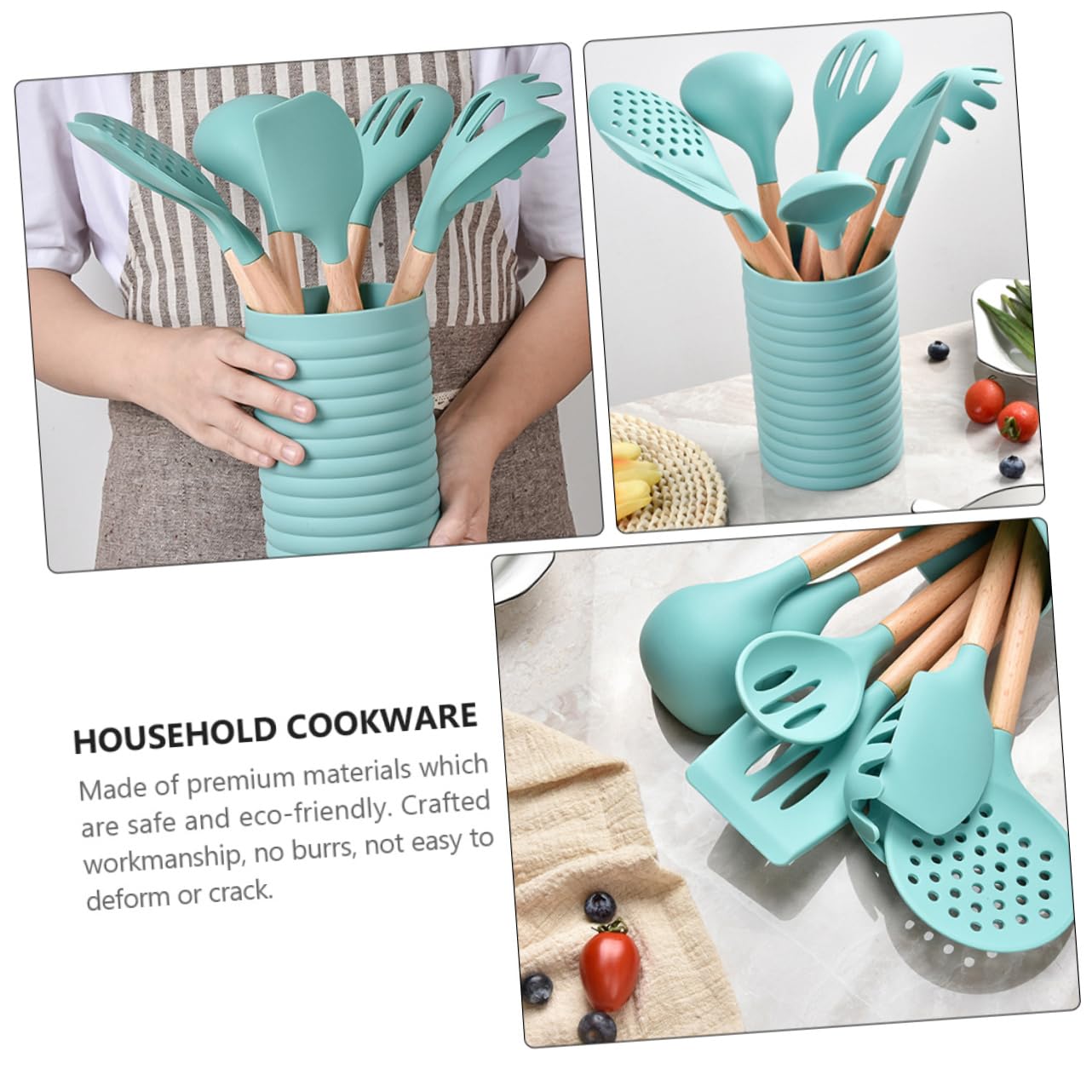 ABOOFAN Küchenhelfer-Set 7-teilig Silikon-kochgeschirr Mit Holzgriff Haushaltswaren Küchenutensilien-Set Hochtemperaturbeständig Cyan