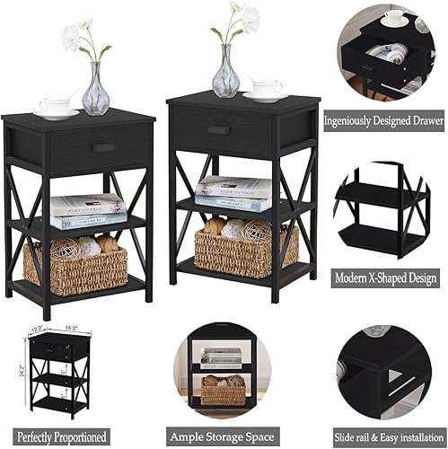 Miniatura 4 de LVB Juego de 2 mesitas de noche pequeñas, mesa auxiliar industrial de metal de madera con cajón, mesita de noche estrecha vintage delgada con