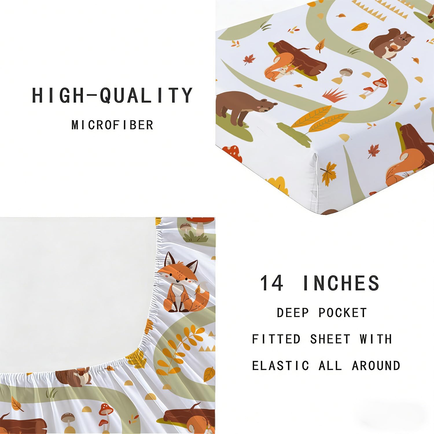 Yasida Queen Kids Sheets Fox Forest Animal Fitted Sheet 3D Fox Pillowcase Washable Queen Sheets Set Kid Animals Forest Bedding Sheet Soft Microfiber(1*Sheet+2*Pillowcase)