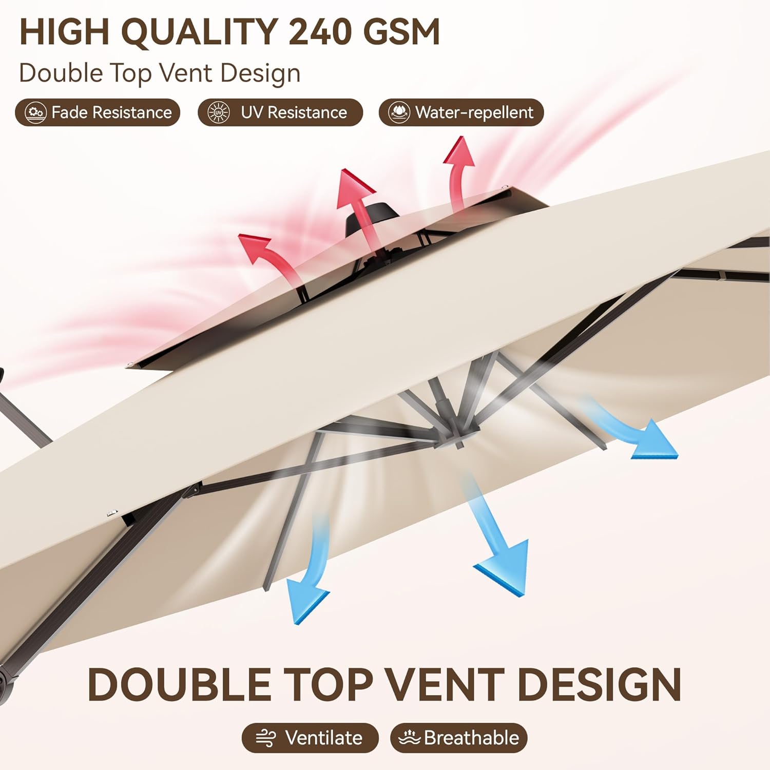 10x13 FT Patio Umbrella, Large Cantilever Rectangular Double Top Heavy Duty Offset Umbrellas with 360° Rotation, Outdoor shade for Garden Deck Pool Patio, Beige - Image 3