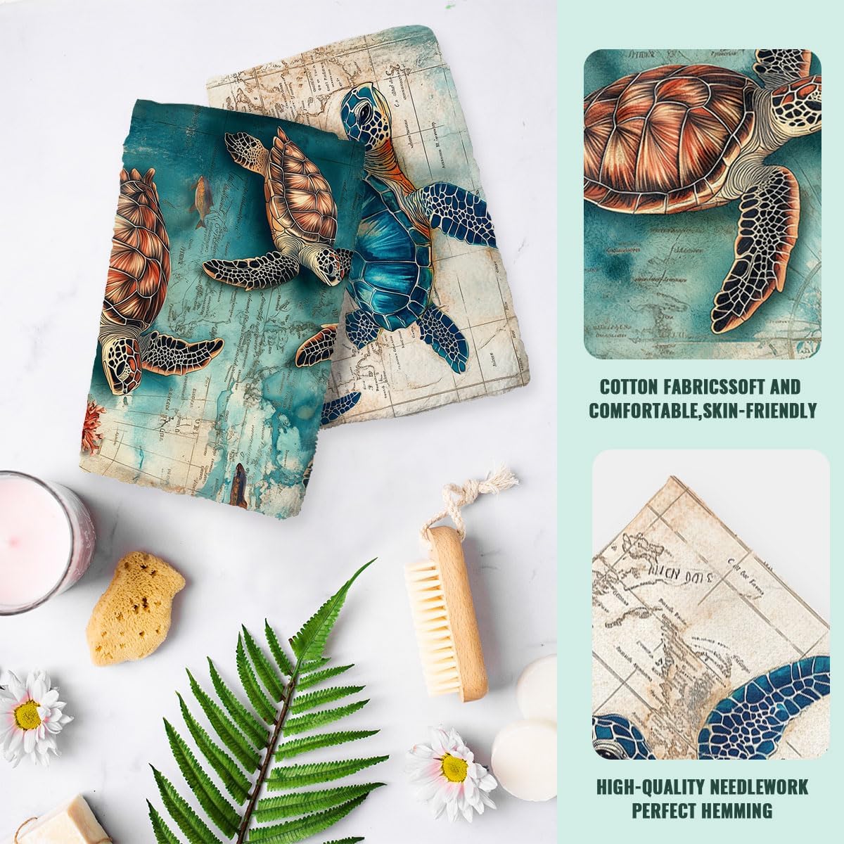 Sea Turtle Bath Hand Towels Set of 2 Absorbent Antique Nautical Map Teal Watercolor Decorative Hand Towels Set for Bathroom Gym Hotel Spa Bathroom Hand Towels Gifts for Women Man 14"x28" - Image 4
