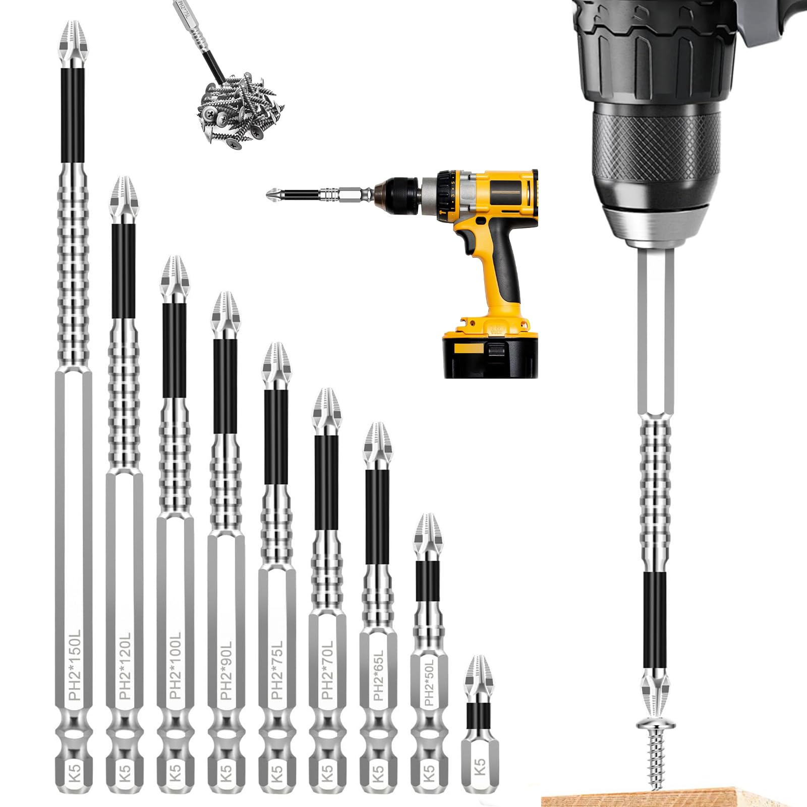 9 Pezzi di punte per trapano per cacciavite ad alta magnetia – Punte Avvitatore Magnetiche in acciaio K5，punte per trapano magnetiche antiscivolo di precisione, per trapano e fissaggio a percussione (