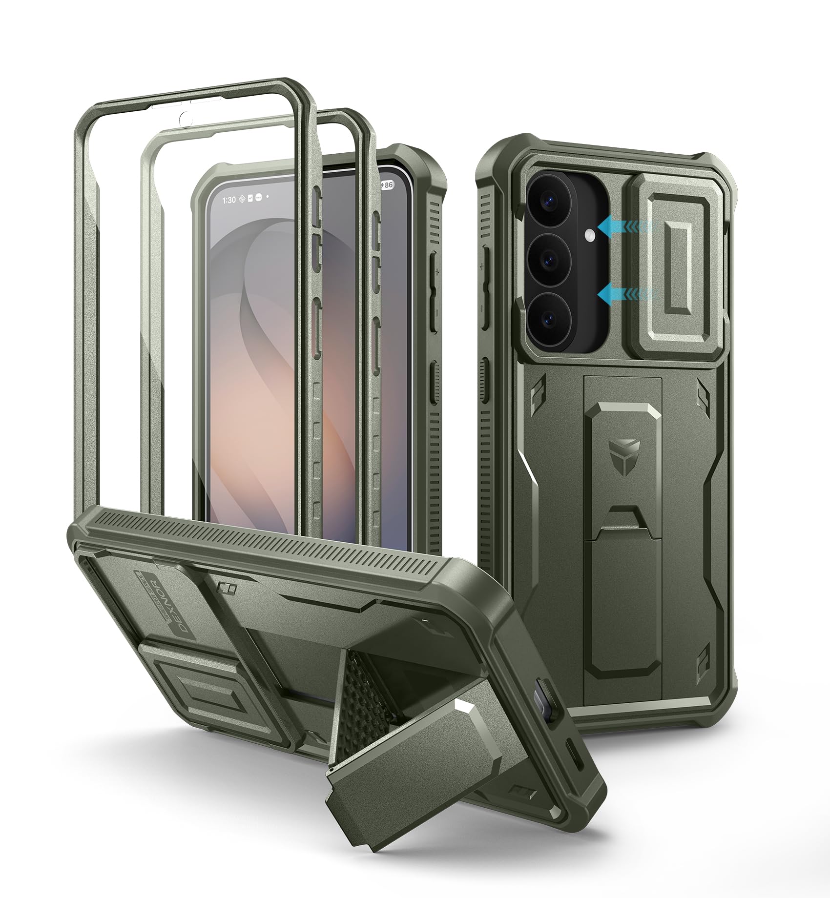 Dexnor for Samsung Galaxy S26 FE Case with Upgraded Slide Camera Cover &amp; 2 Front Frames &amp; Built-in Screen Protector &amp; Kickstand, Heavy-Duty Rugged Case Full-Body Protective Cover(2026),Army Green