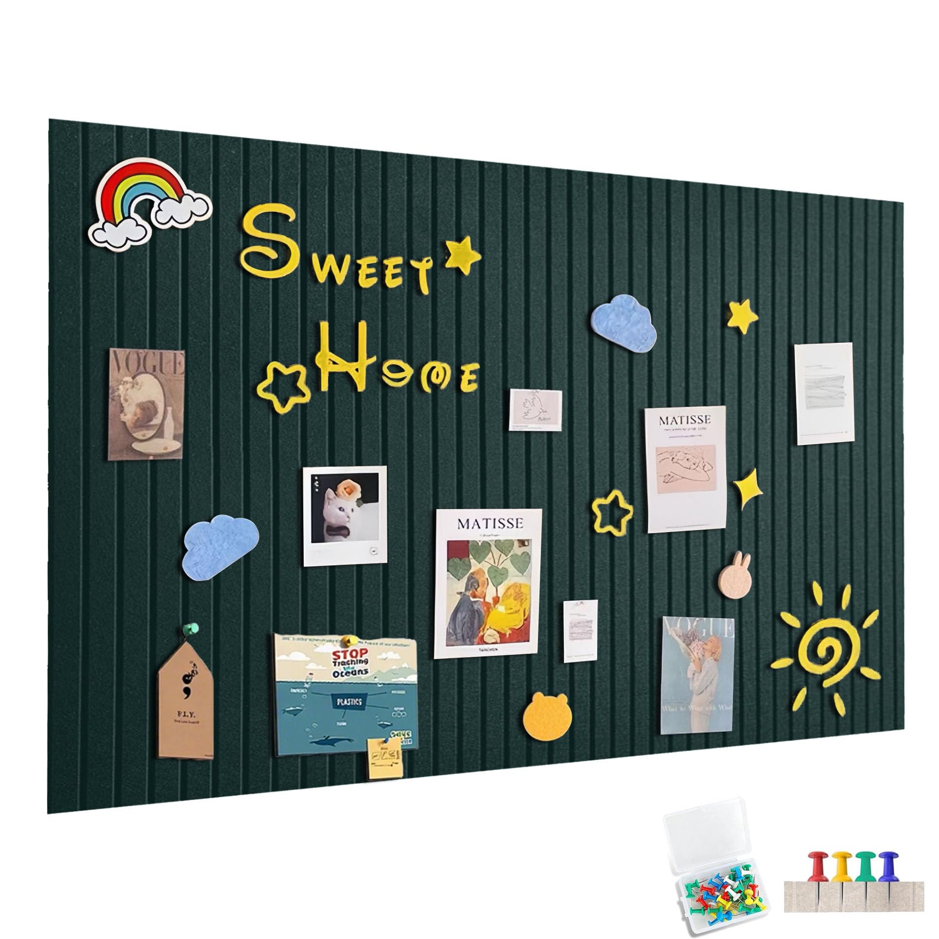 120x90cm Large Self-Adhesive Felt Noticeboard, Felt Board Memo Boards with 60 Push Pins Bulletin Board Wall Decoration for Office Kitchen, Photos Memos, Deep Green — image 1