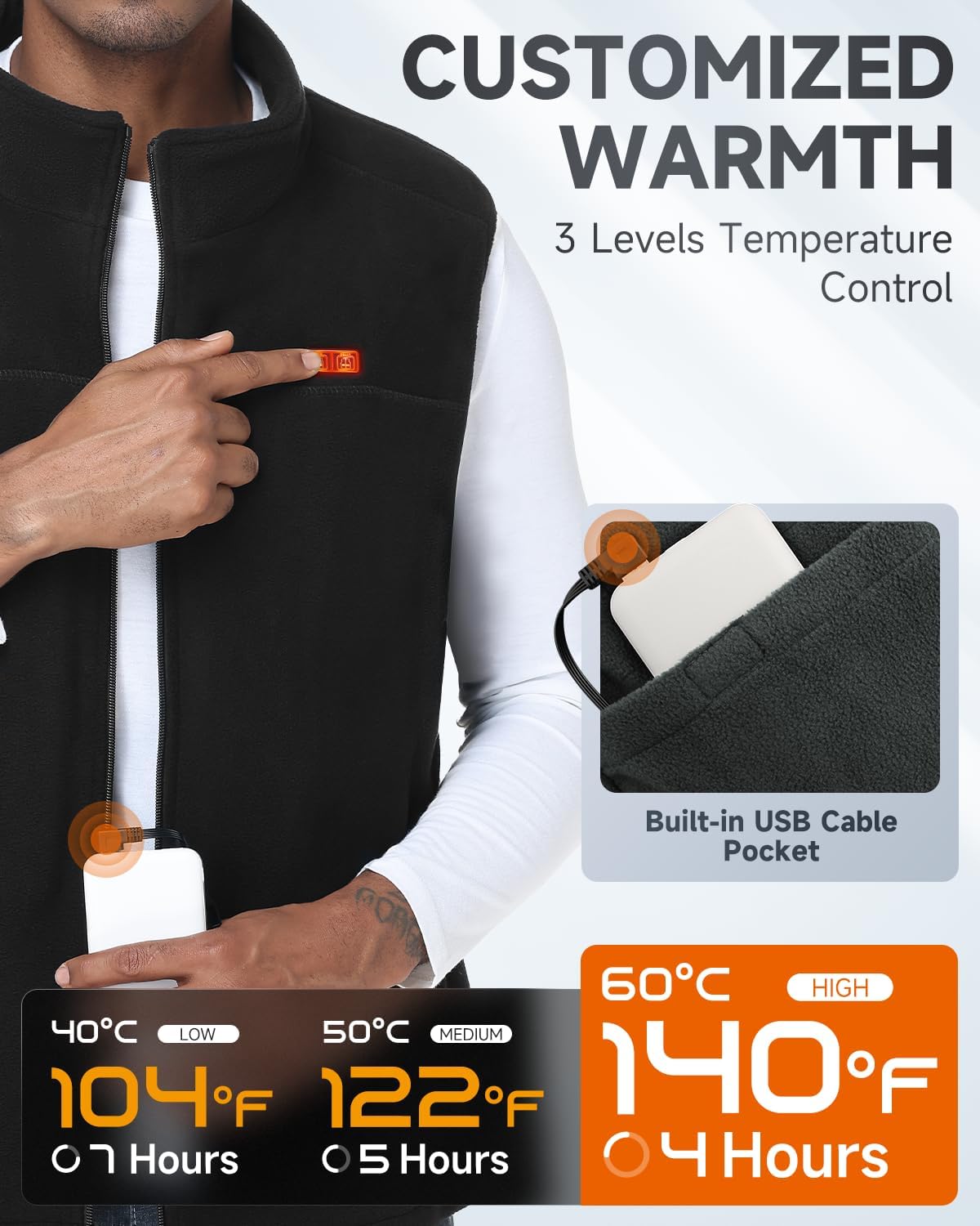 LABCOOL Heated Vest for Men Women with Ultra-Soft Microfleece, 10000mAh Battery Pack, USB Rechargeable Body Warmer - Image 3