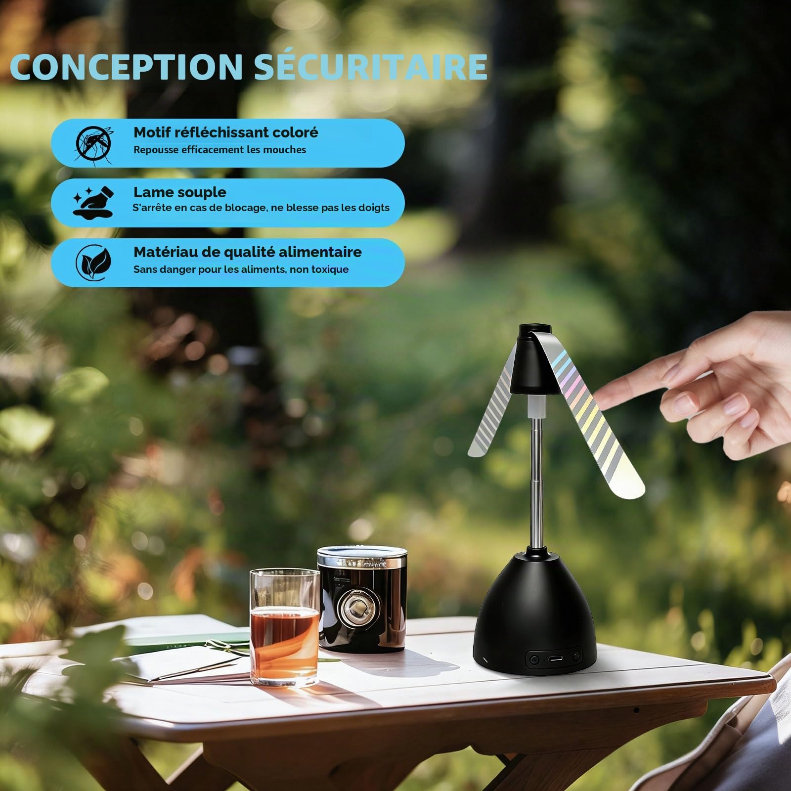 Lot de 4 ventilateurs anti-mouches pour table avec lumière LED – Ventilateurs répulsifs USB rétractables, dotés de pales holographiques souples – Idéal pour la maison, les restaurants, les fêtes, les