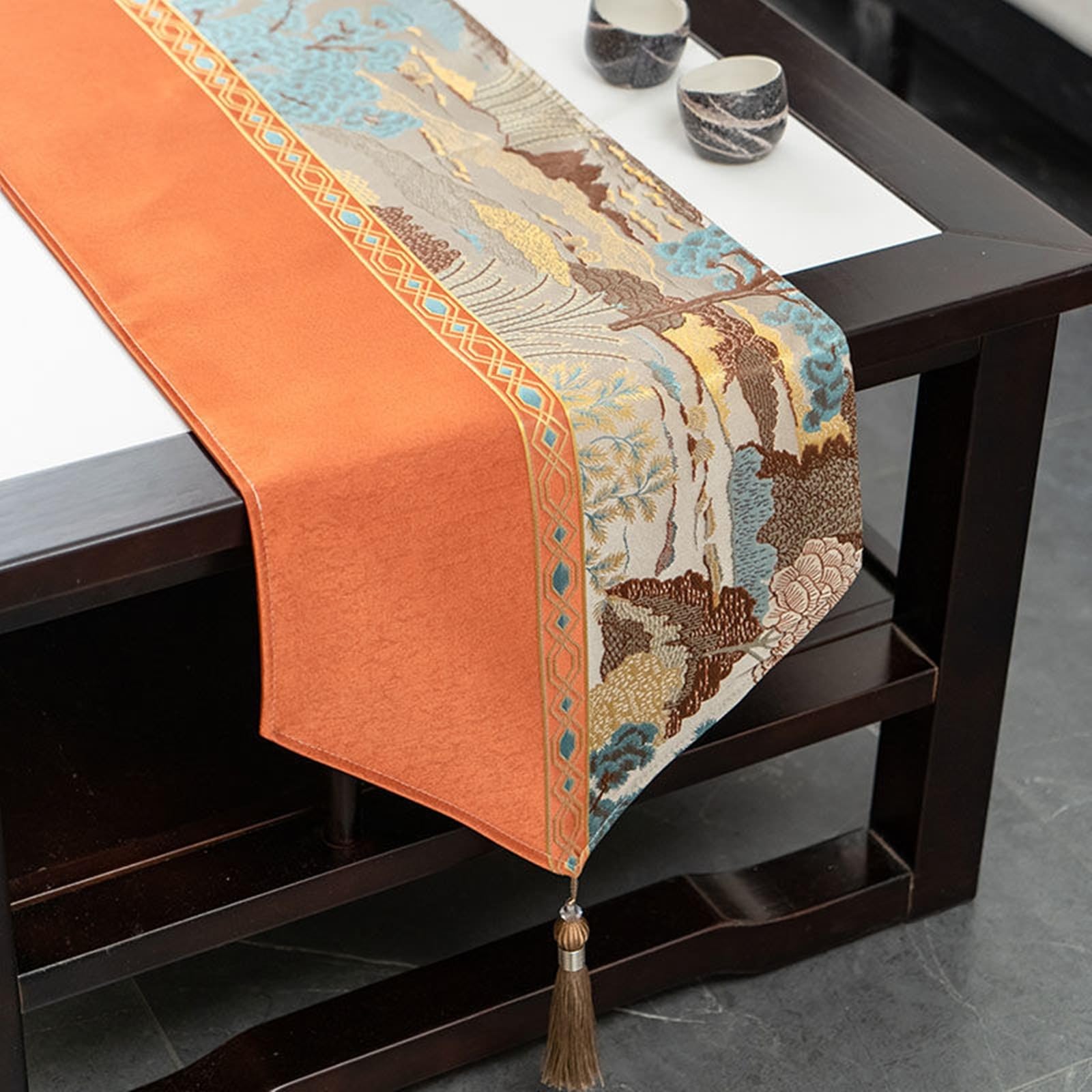 Chemin de table chemin de table motif paysage chinois polyester orange 33 x 140 cm cuisine