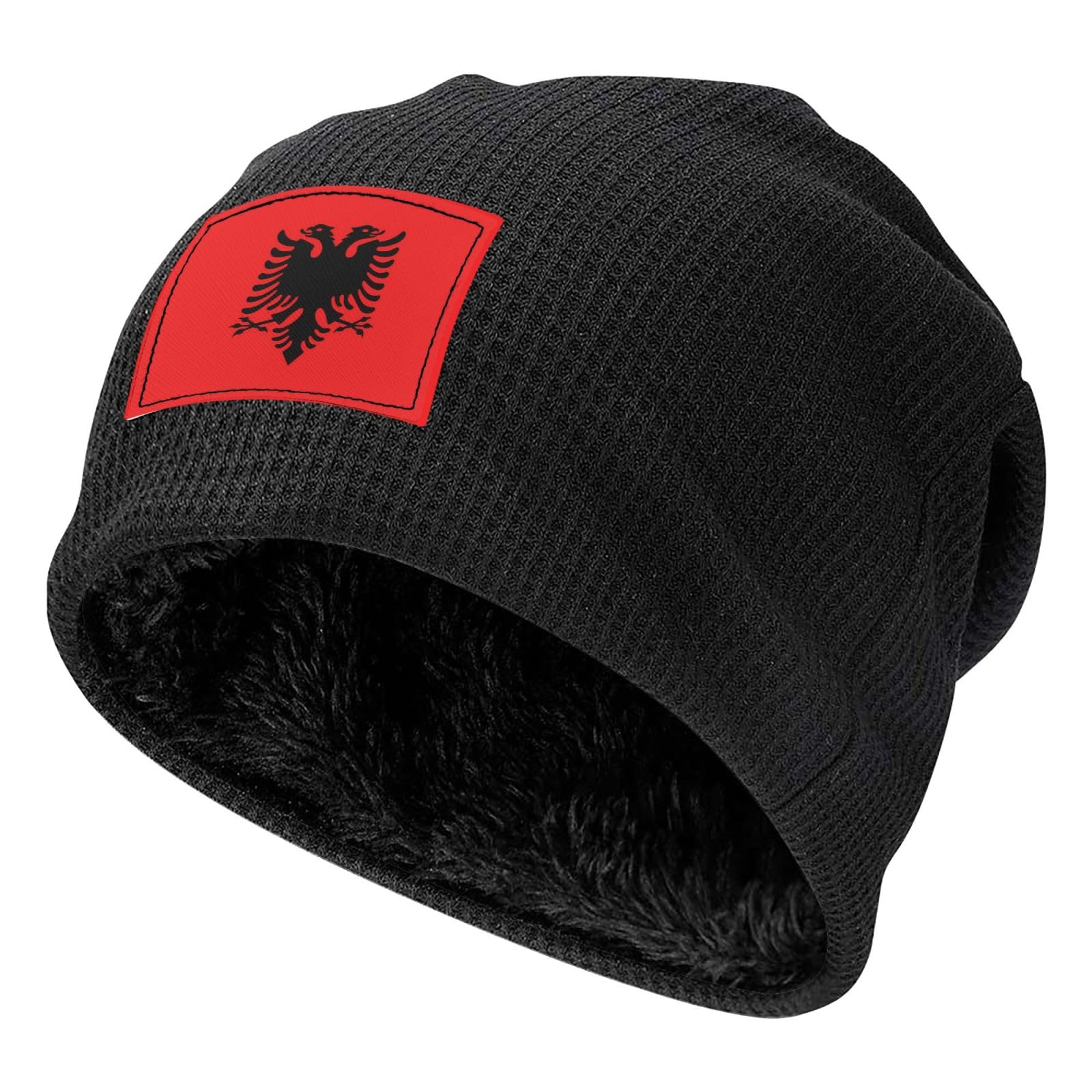 JZSTY Black Waffle Knit Pullover Hat – Soft Light Albanian Flag Print Beanie Suitable Outfits for Winter Travel Matching