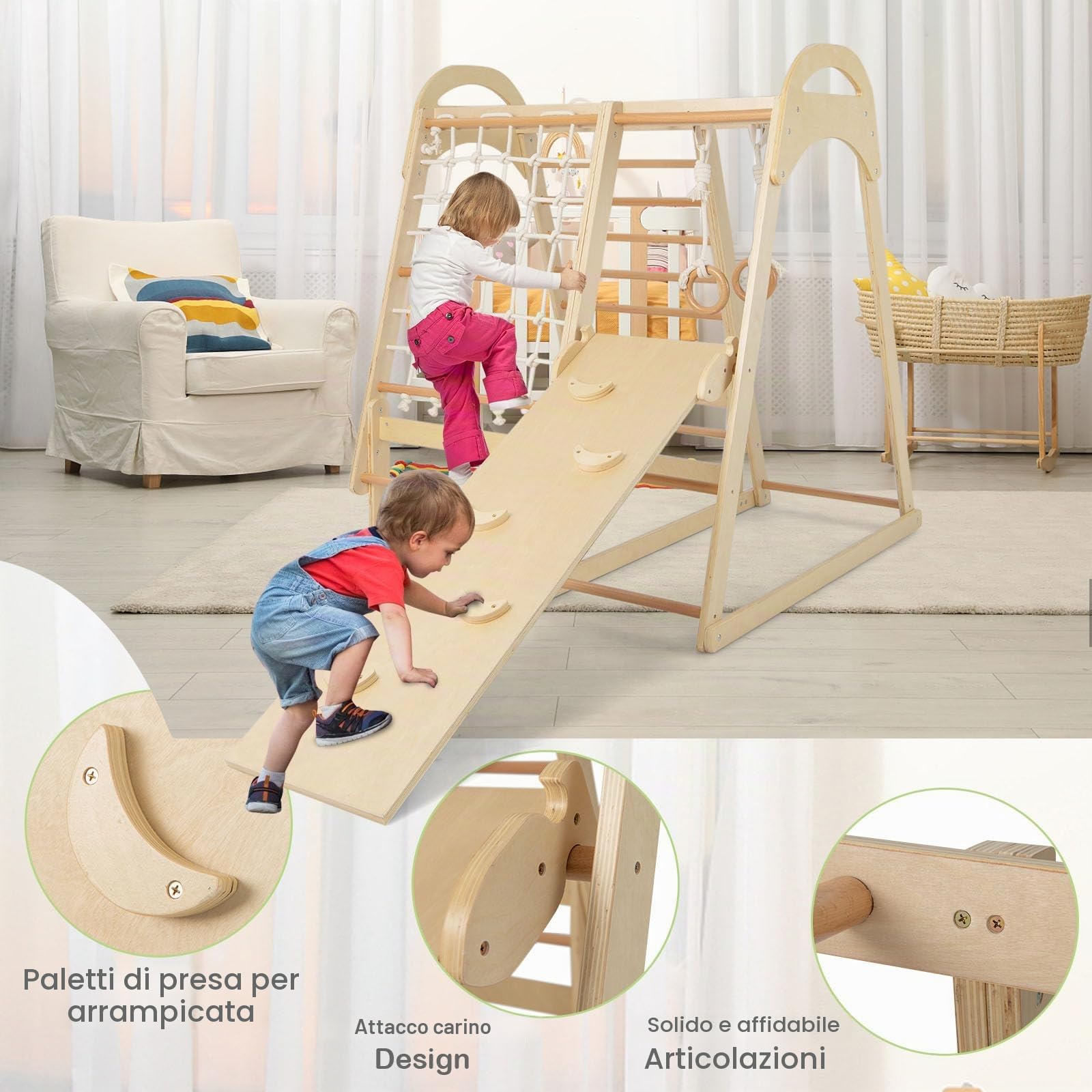 LIFEZEAL 6 in 1 Arrampicata con Scivolo Rete Scaletta e Anelli per Bambini, Triangolo Struttura da Arrampicata in Legno Sicuro e Divertente, Casetta Parco Giochi Stabile per Bimbi 3 Anno+