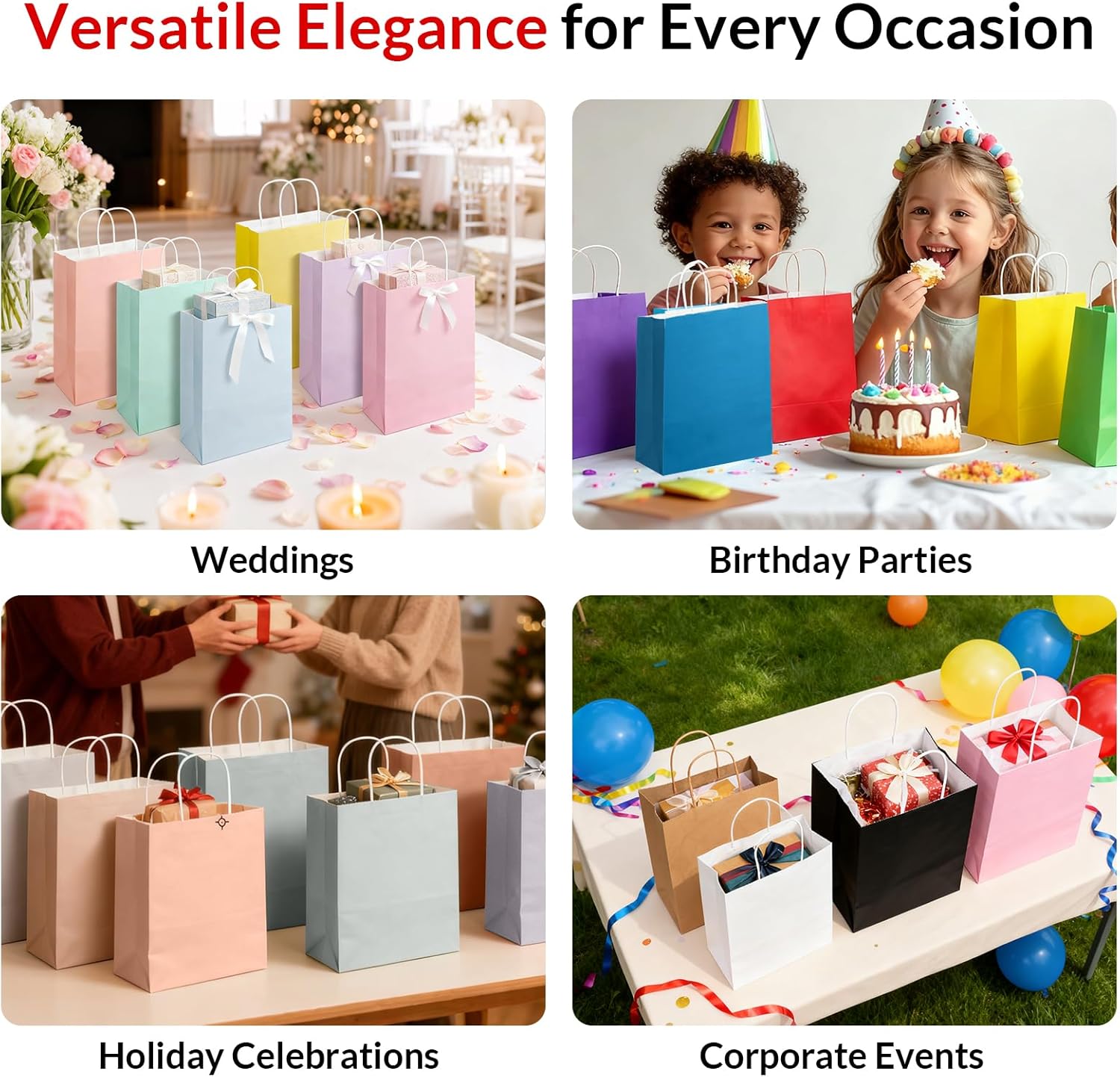 SUNEE Gift Bags with Handles 8x4.3x10.7, 100 Pcs Paper Gift Bags Medium Size Bulk, Muted Color for Wedding, Birthday, Party Supplies and Celebrations
