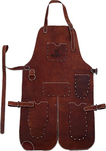 Miniatura 1 de Delantal de cuero 100% auténtico, hecho a mano para barman, chef, carnicero, metalúrgico, carpintero, herrero, camarero, Marrón, camello y marrón