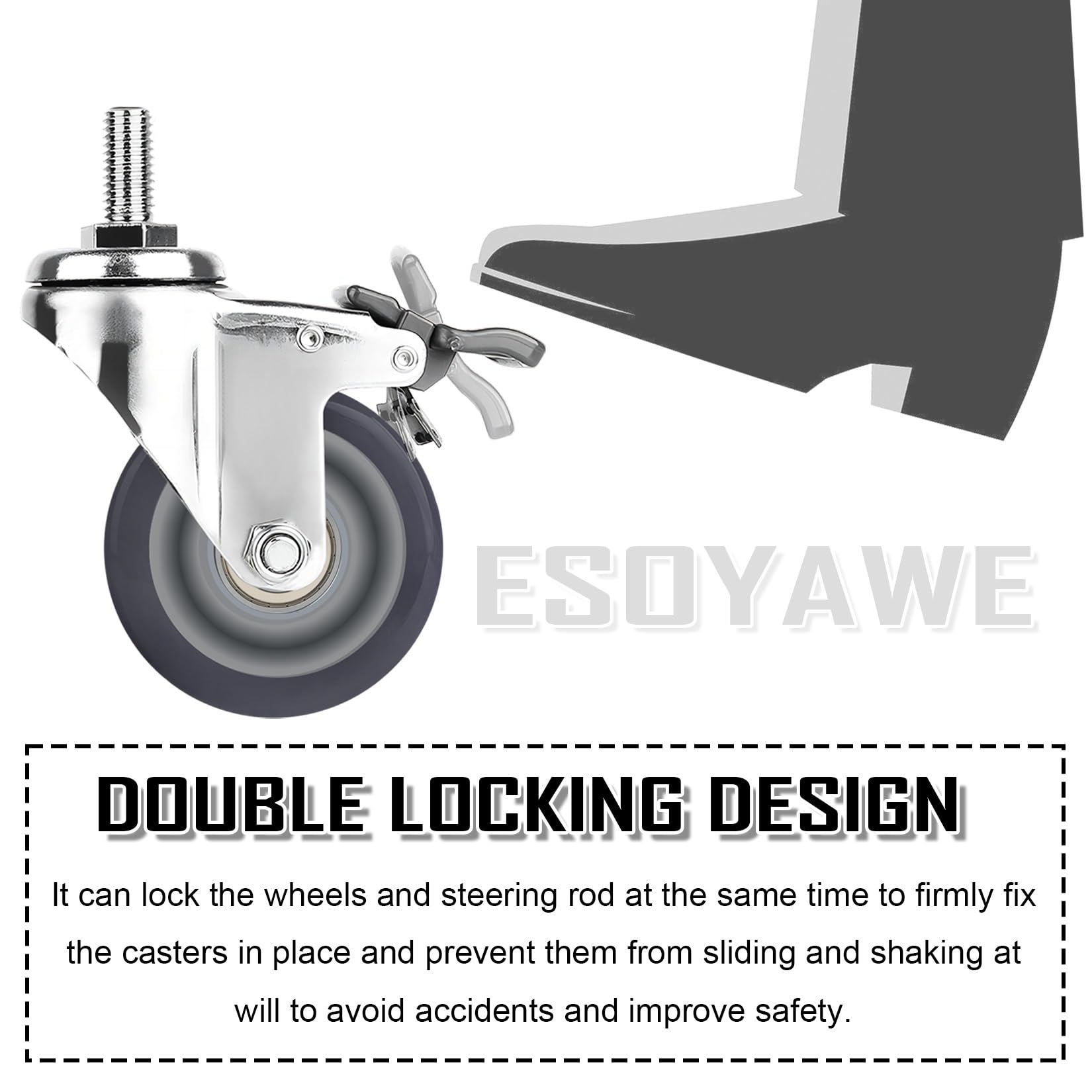 ESOYAWE Rotelle Girevoli Filettate M12 per Impieghi Gravo Set di 4, Silenzioso E Senza Traccia Ruote in Poliuretano con Freni, 63mm 75mm 100mm Rotelline di Ricambio per Carrello E Mobili(Brake,63mm)