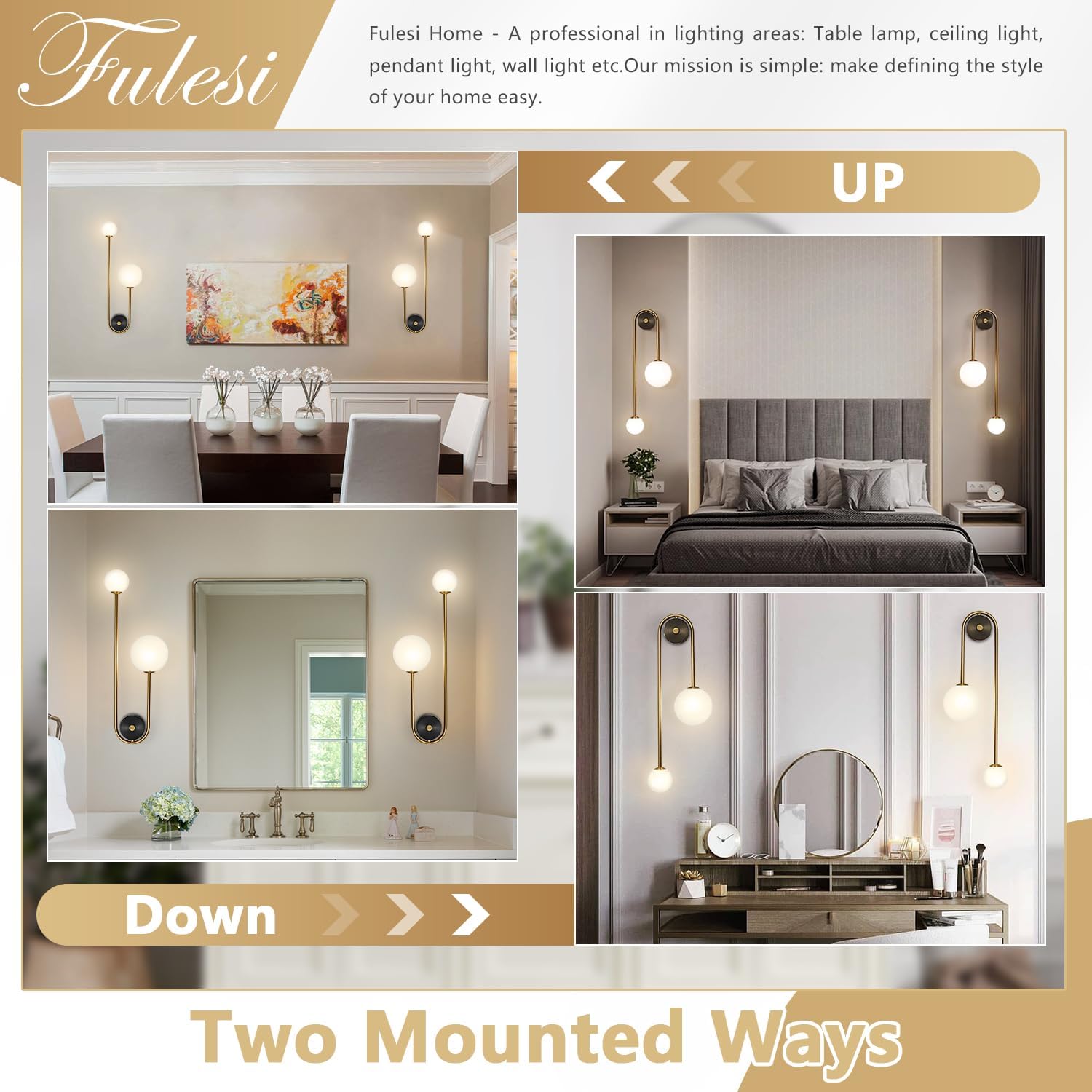 Mid Century Modern Globe Wall Sconce Indoor 2 Light Black Gold Wall Mounted Light Fixture with Milk Glass Retro Industrial Wall Lamps for Mirror Bedroom Kitchen Hallway MCL11GD-1 (1Pack)