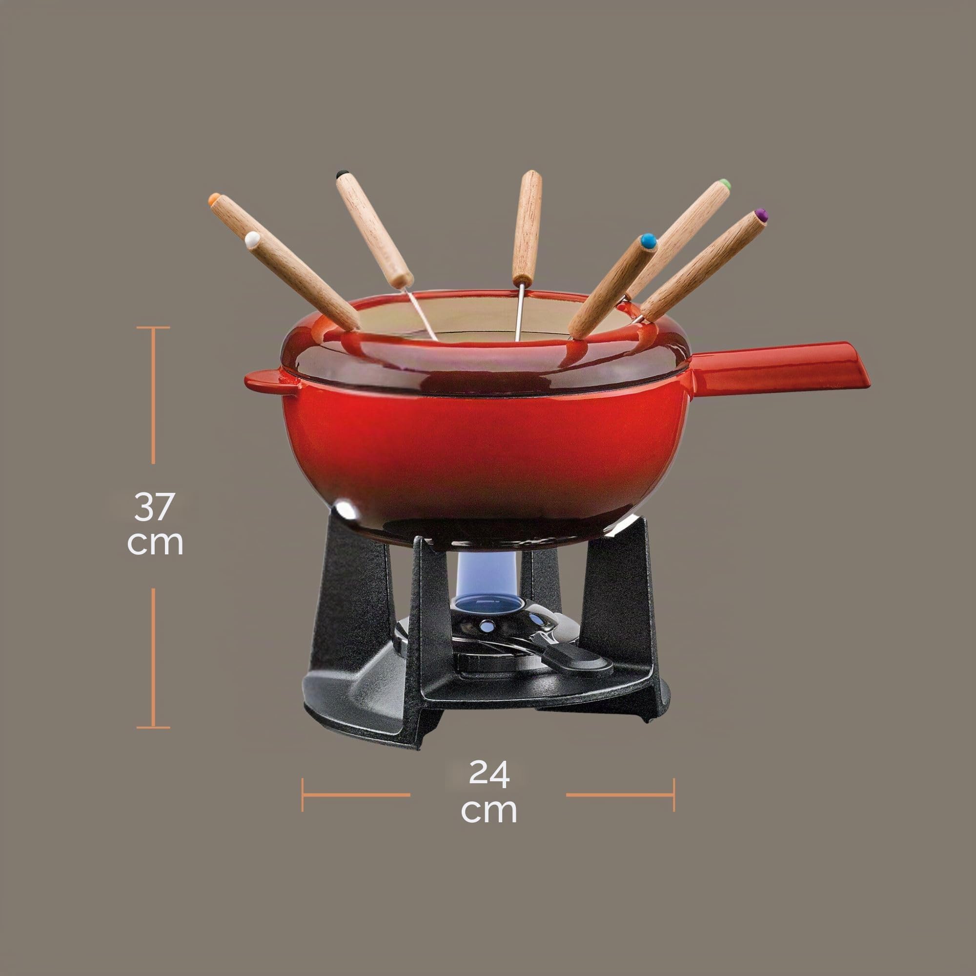 Spring Juego de fondue de hierro fundido rojo, 20 cm de diámetro, con 8 tenedores de fondue y protección contra salpicaduras, para fondue de queso, fondue de carne, quemador de refugio