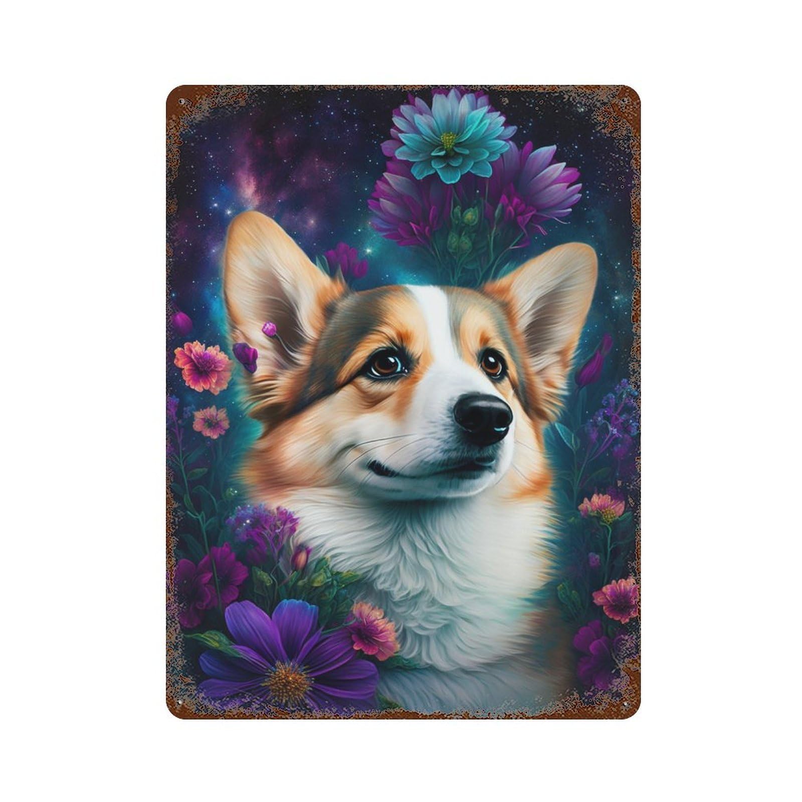 Floral Corgi Galaxy Art Print Rust Effect Tin Sign 15.7"x11.8", Rustic Home Decor for Garage, Pub Or Kitchen