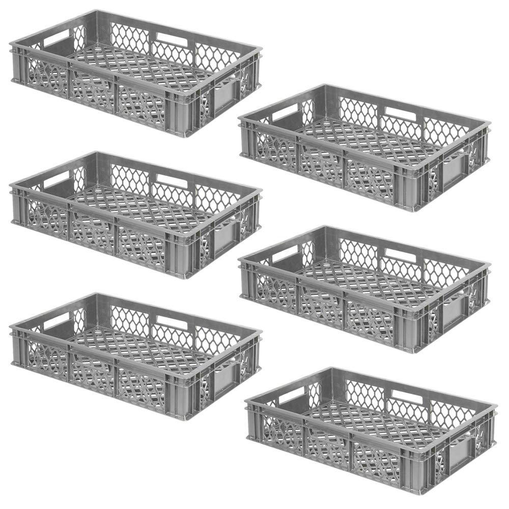 6 koszy transportowych, dł. x szer. x wys. 600 x 400 x 130 mm, otwory na ściany i podłogę, waga 1,40 kg, kolor szary
