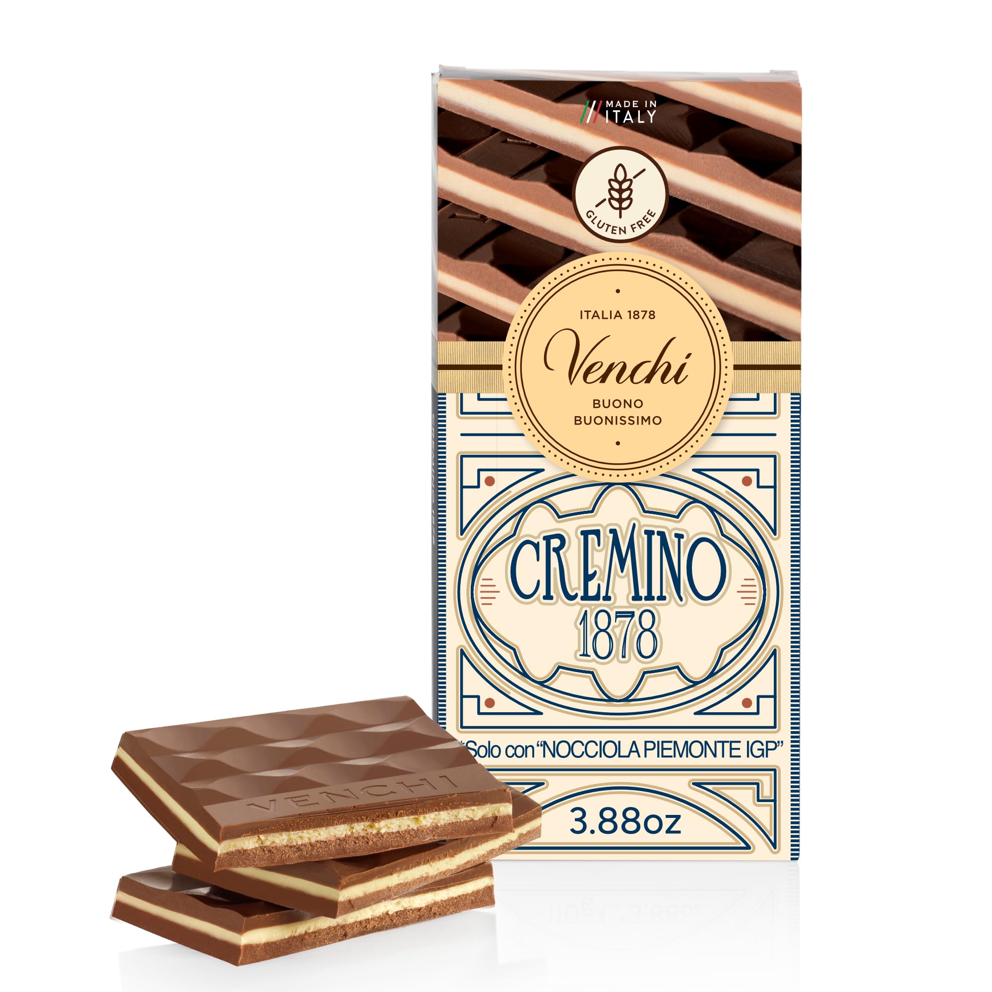 Venchi - Cremino 1878 Chocolate Bar with Almond Gianduja and Hazelnuts, 3.88oz - Gluten Free