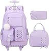 Rolling Backpack for Girls, Girls Backpack Set with Lunch Box & Pencil Pouch for Teen Girl Kids Children Elementary Middle School, Bookbag Daypack Laptop Travel Backpack with Wheels Purple