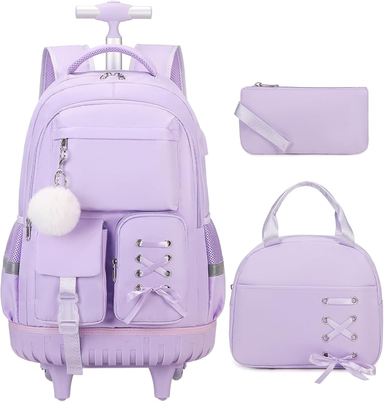 Scothen Rolling Backpack for Girls, Girls Backpack Set with Lunch Box & Pencil Pouch for Teen Girl Kids Children Elementary Middle School, Bookbag Daypack Laptop Travel Backpack with Wheels (Purple)
