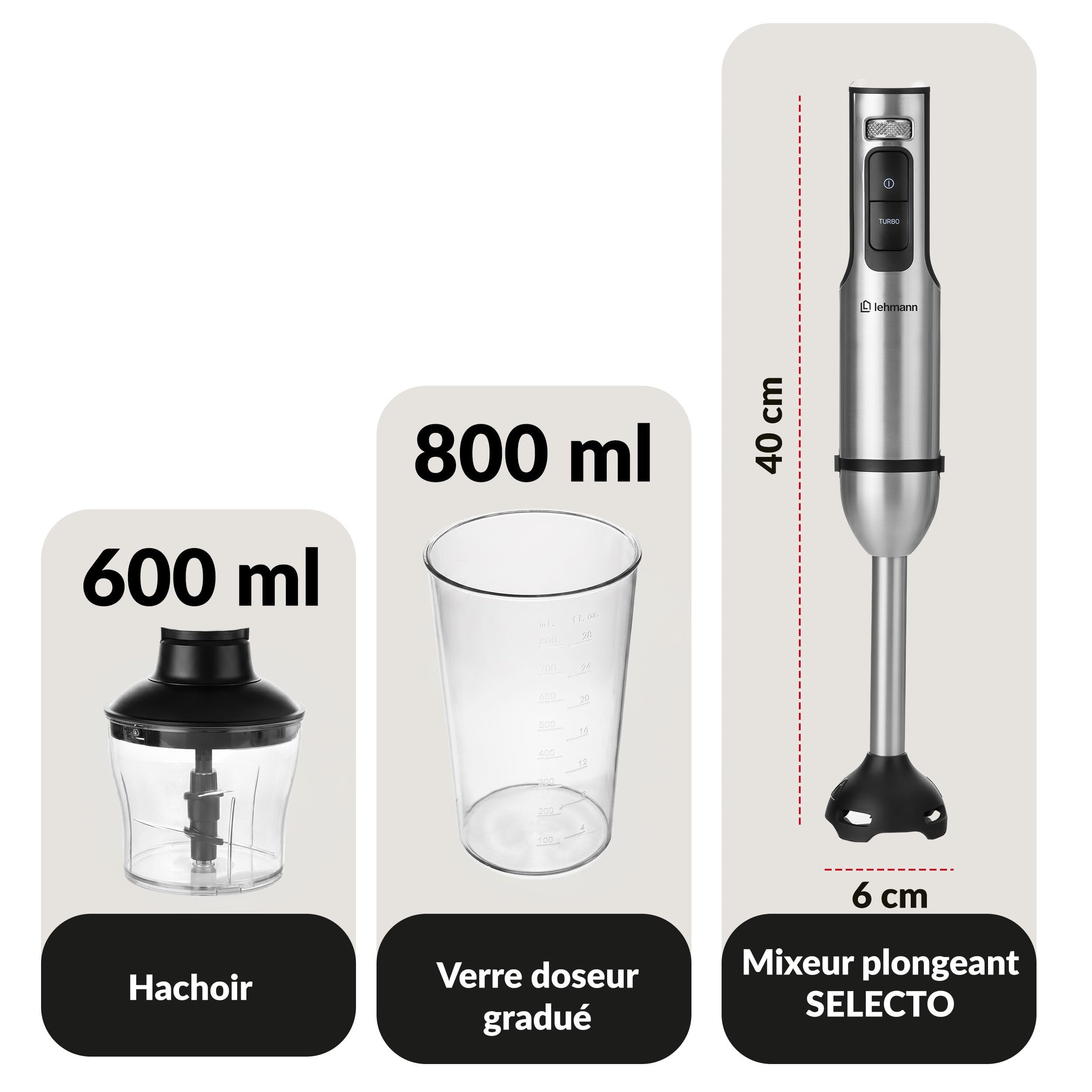 LEHMANN Mixeur Plongeant Multifonction 6 en 1 avec Support, 2000 W, 12 Vitesses et Fonction Turbo, 7 accessoires, Gobelet 800 ml & Hachoir 600 ml, sans BPA, Écran Numérique Vitess, Lame Dorée