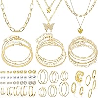 IFNODO 47PCS Gold Jewelry Set for Women: 3 Necklaces, 11 Bracelets, 20 Hoop Earrings, 7 Rings - Adjustable Birthday Gift