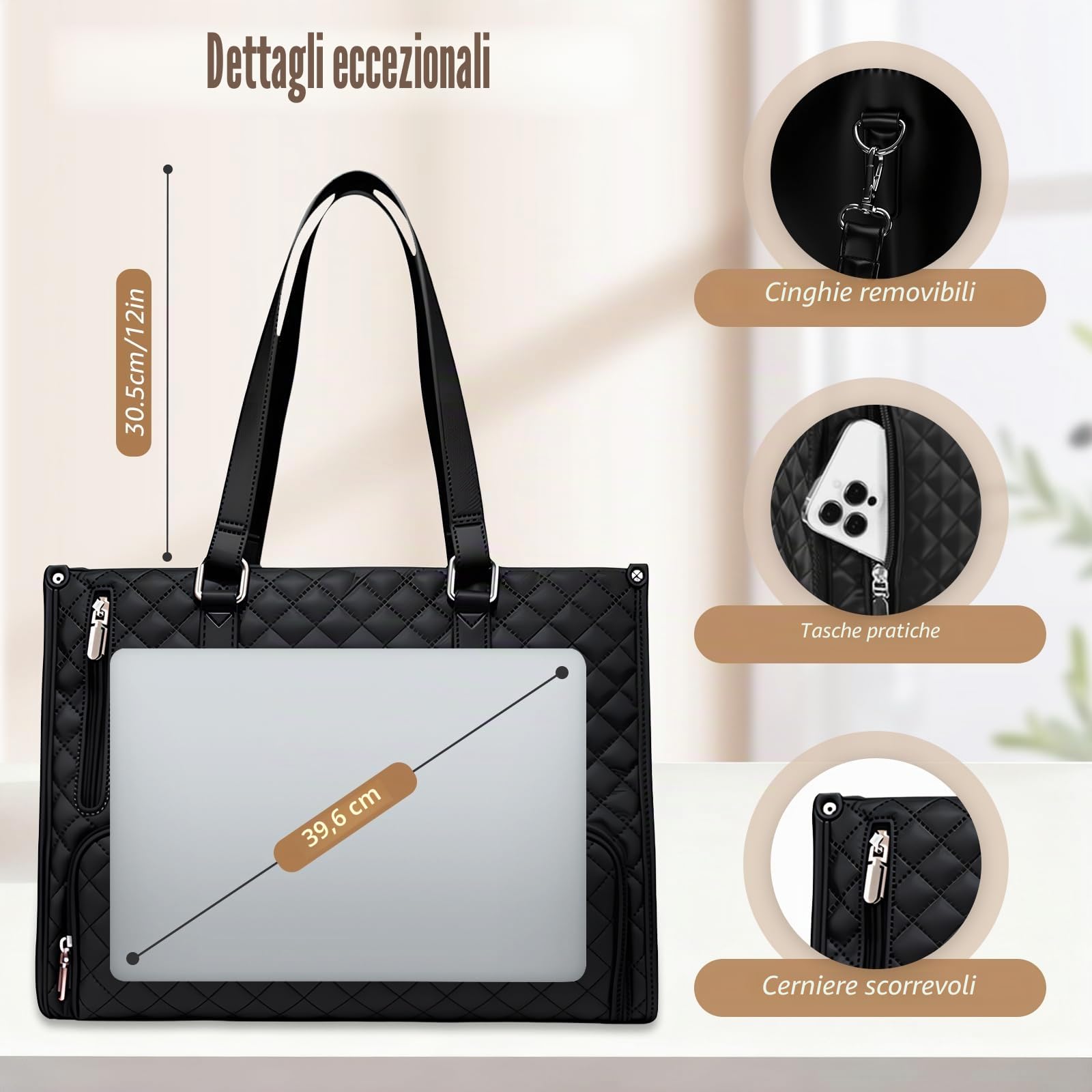 Borsa Pranzo Donna 15,6 Pollici con Vano Termico, Borsa da Lavoro 2-in-1 per PC Portatile con Scomparto Isolato per il Pranzo, Tracolla Regolabile Lunga Nero