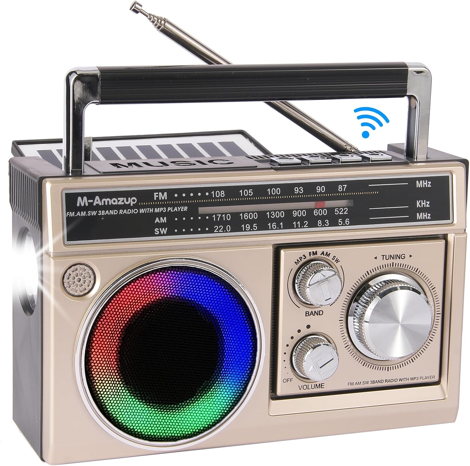 Radios Portable AM FM, Retro Portable Radio with Bluetooth Speaker and Flashlight, Strong Reception with Colorful Mood Lights, TF Card, Solar/Battery/AC Rechargeable for Gift,Elder,Home, Gold