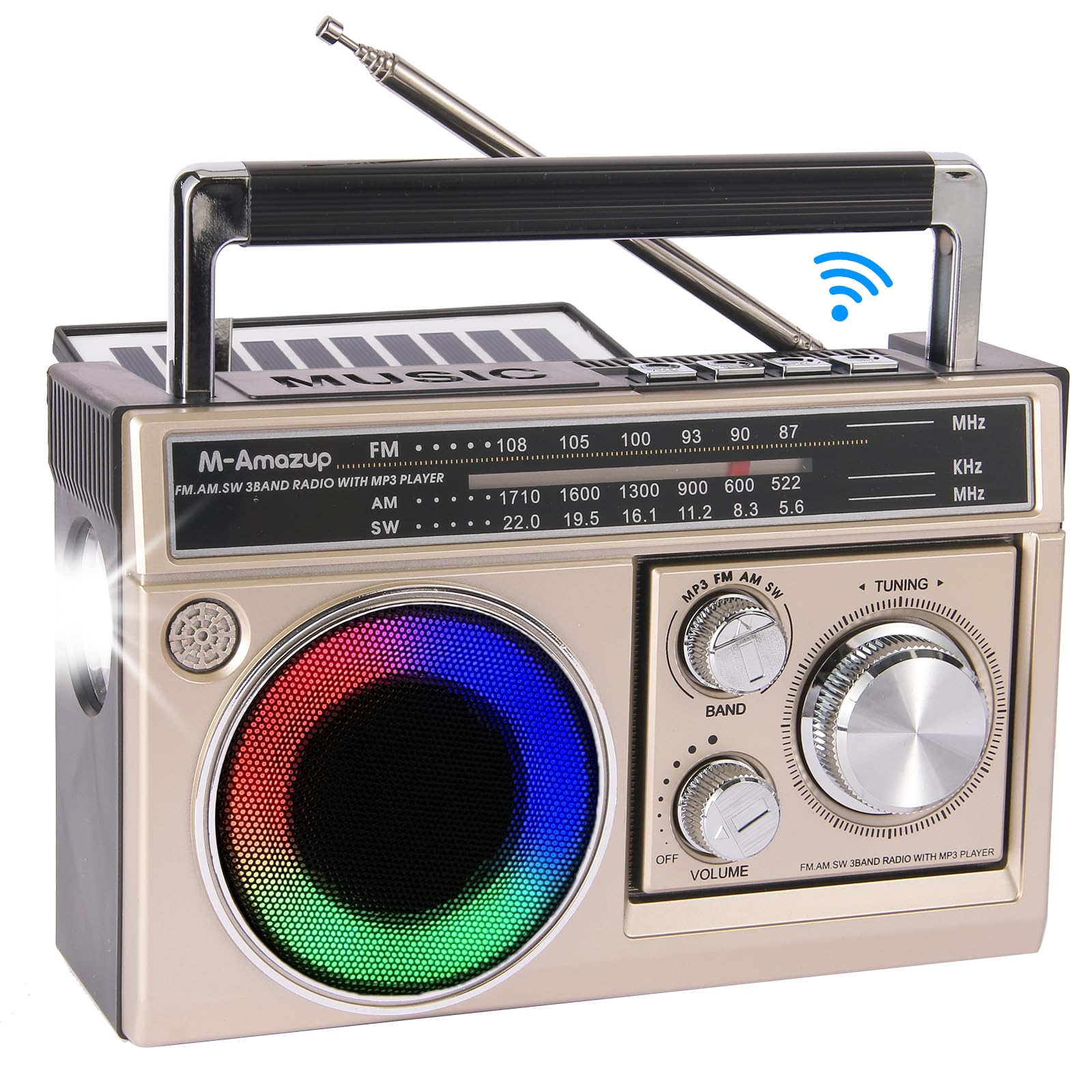 M-Amazup Radios Portable AM FM, Retro Portable Radio with Bluetooth Speaker and Flashlight, Strong Reception with Colorful Mood Lights, TF Card, Solar/Battery/AC Rechargeable for Gift,Elder,Home, Gold-image-19