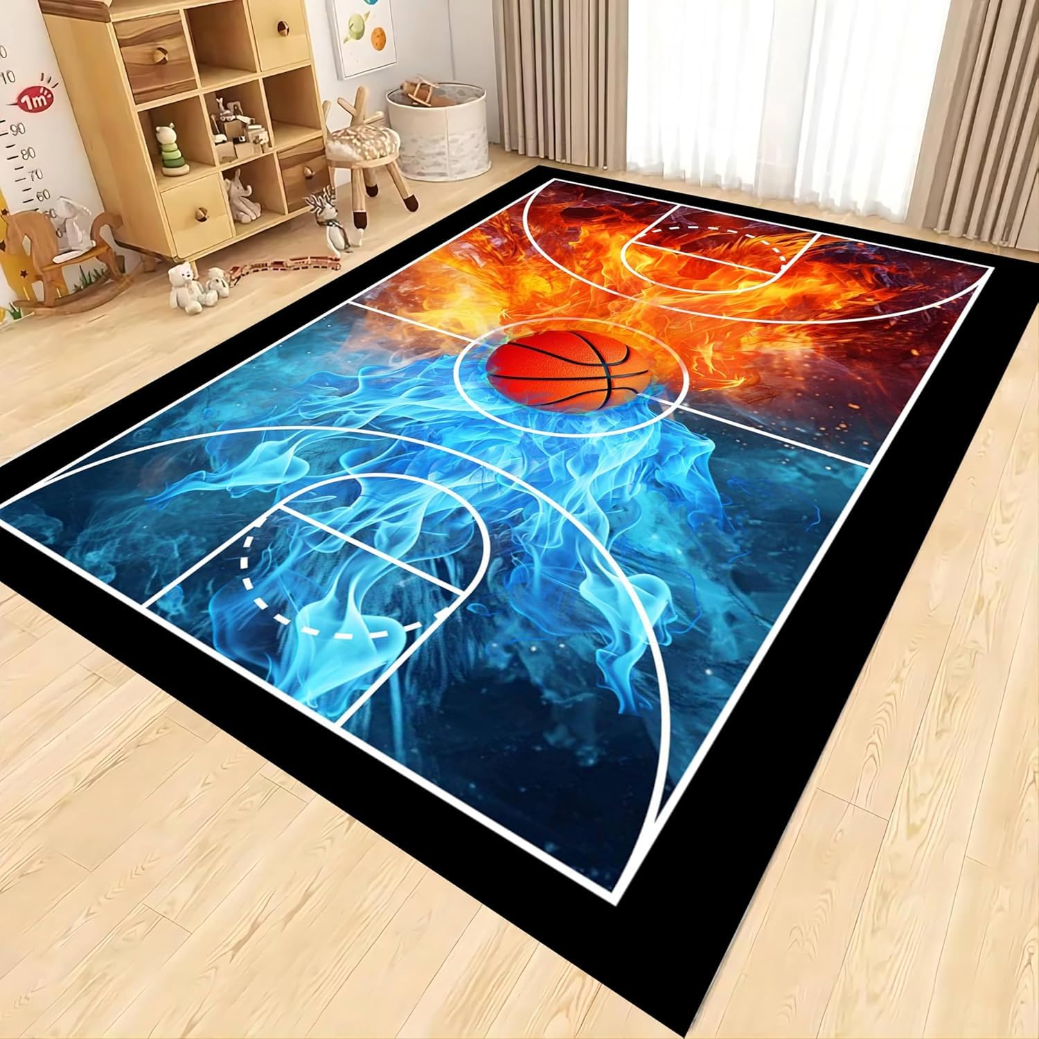 MUOUCTE Basketball Area Rug, 160x230cm Blue and Red Flame Court Sports Rug, Soft Non-Slip Basketball Lover Home Interior Decorative Rug, Washable Carpet for Boys Girls Bedroom Playroom Entry Room