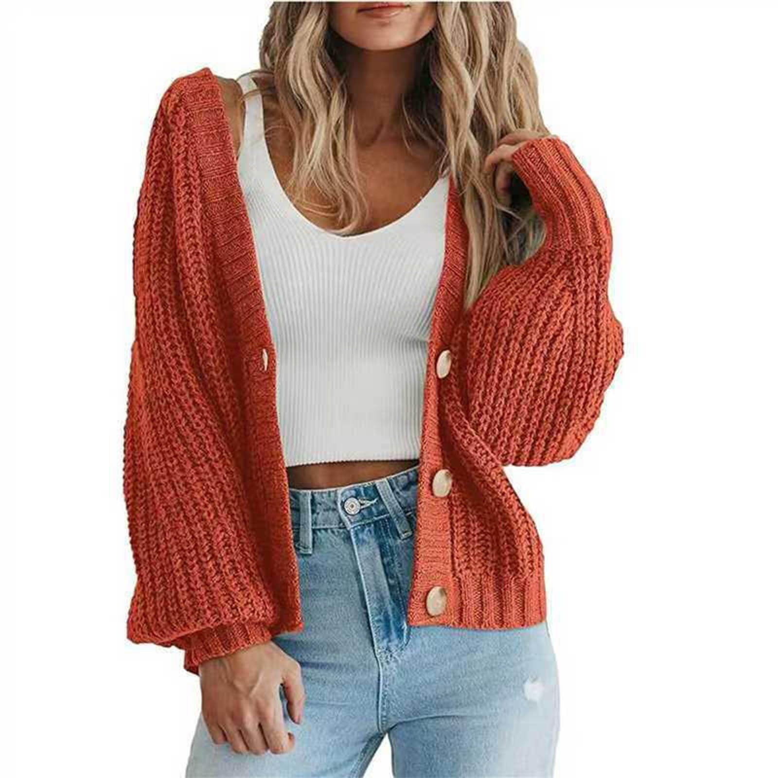 Womens Chunky Crochet Knit Cropped Cardigan Sweaters Fall Fashion Warm Cozy Buttons Down Sweater Coats