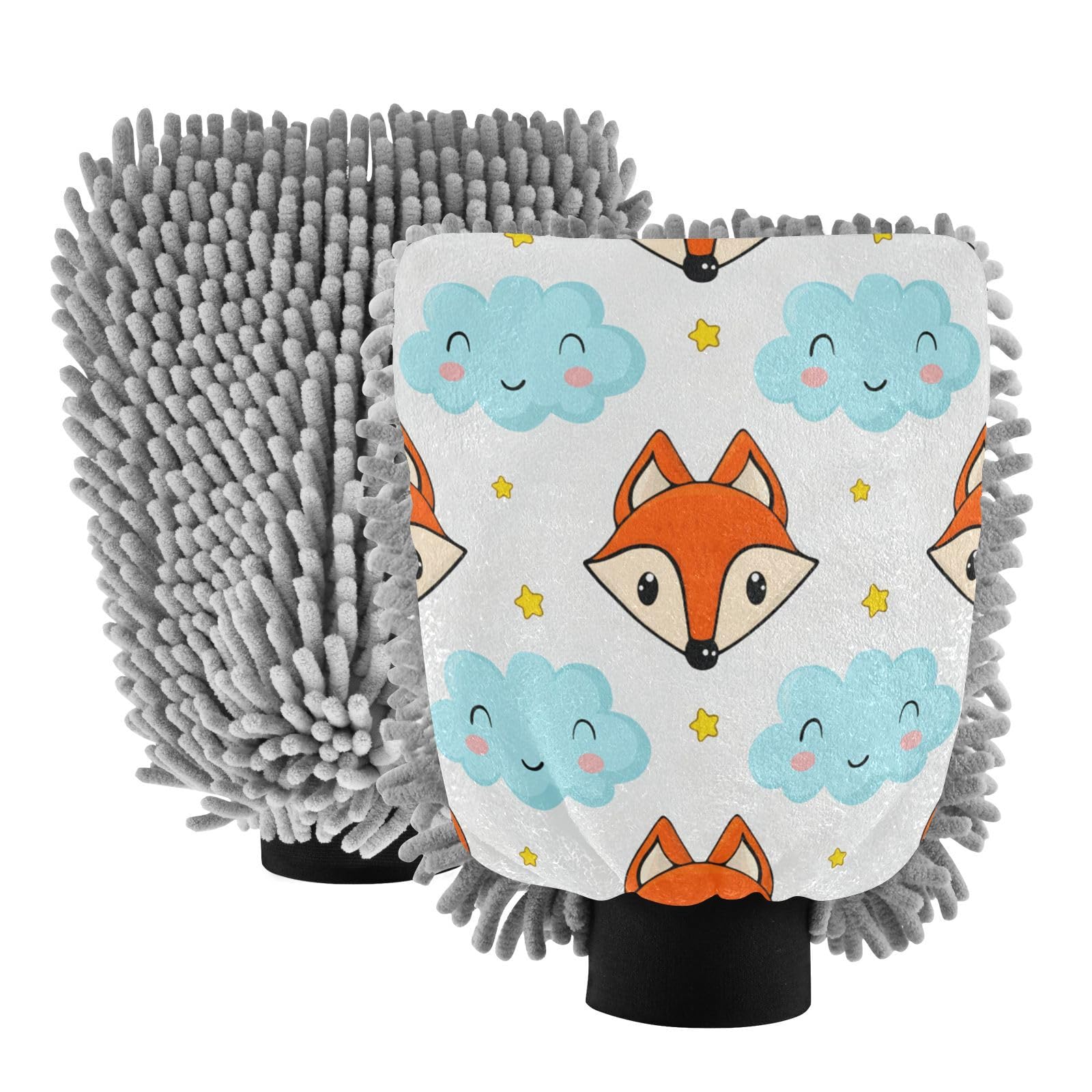 Kigai Cute Cartoon Fox Car Wash Mitt Microfiber, 2Pcs Scratch Free Lint-Free, Premium Chenille Microfiber Mitt Car Wash Brush-M
