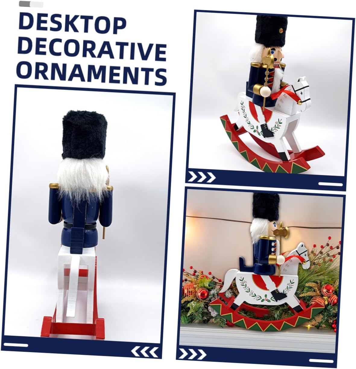 Christmas Nutcracker Figurine Large Wooden Rocking Horse Nutcracker Soldier Table Centerpiece Holiday Xmas Tree Ornament Festive Home Decoration