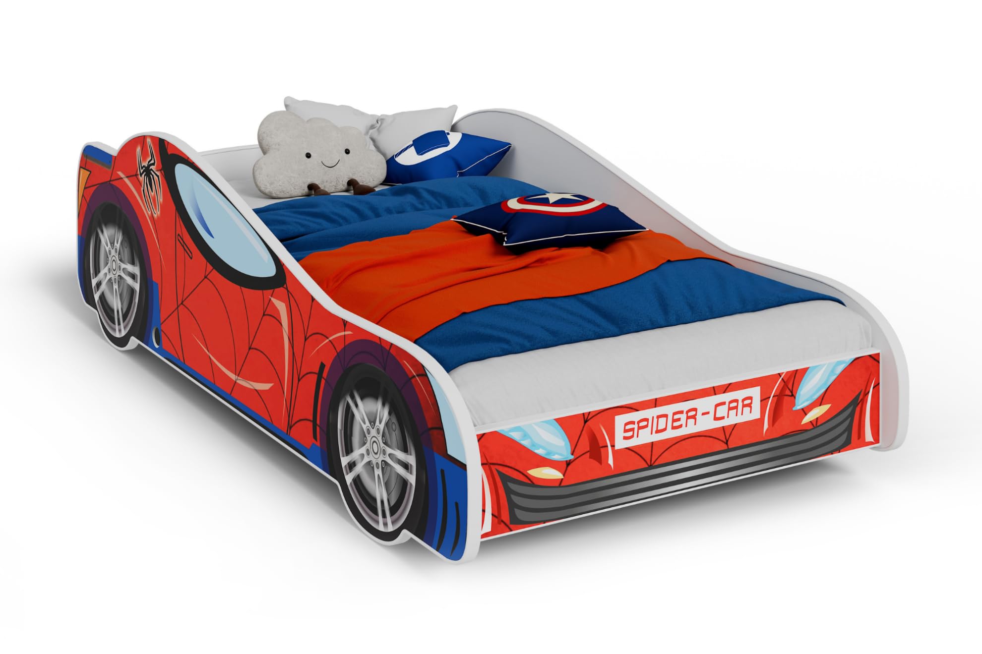 KOBI Lit Enfant Voiture 140x70 Racing Red avec Matelas, lit Auto pour garçon et Fille, lit sécurisé en Forme de Voiture avec Motif Super-héros pour Chambre Enfant