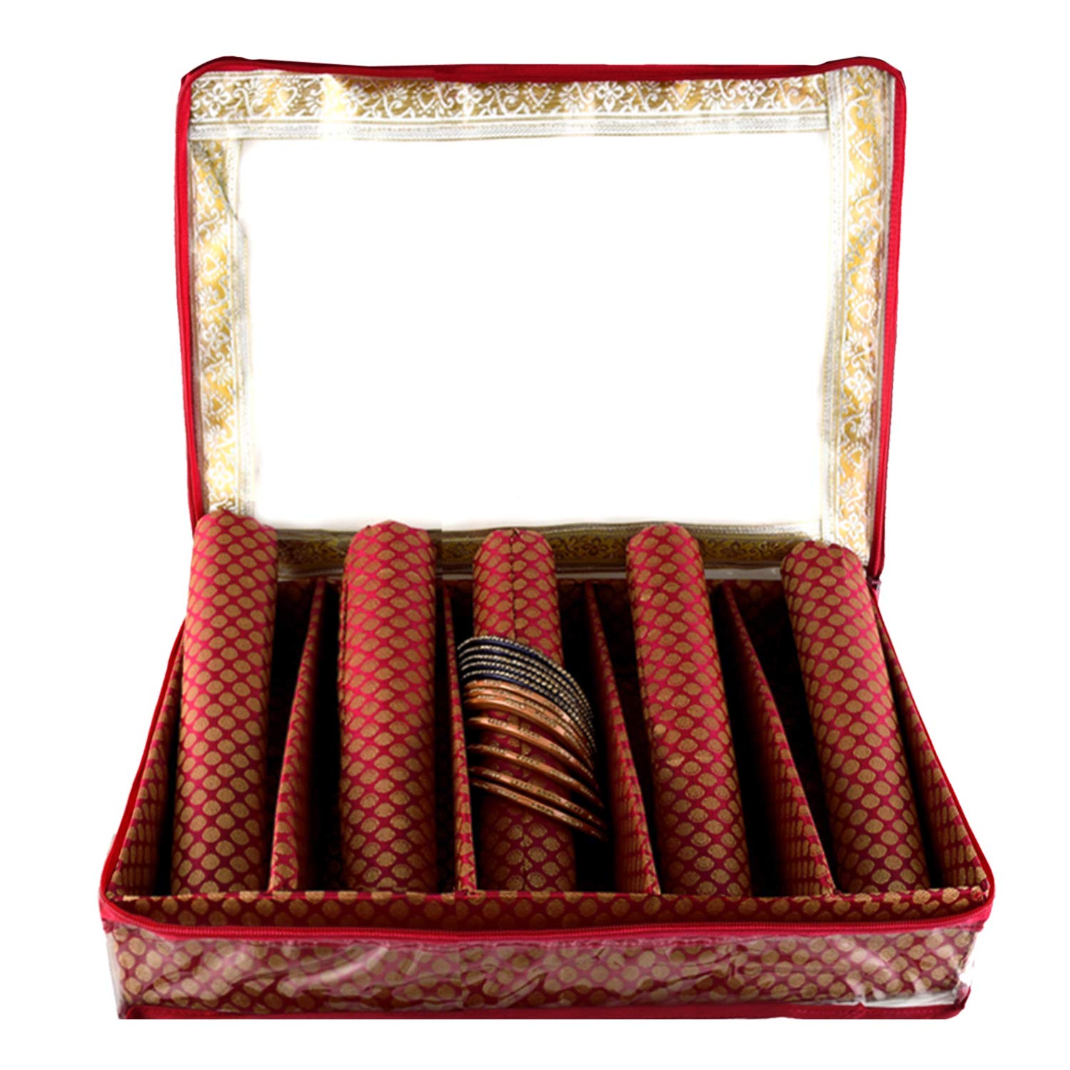 Kuber Industries Polka Dots Design Brocade Hardboard Five Rod Bangle Box (Maroon) -CTKTC38826