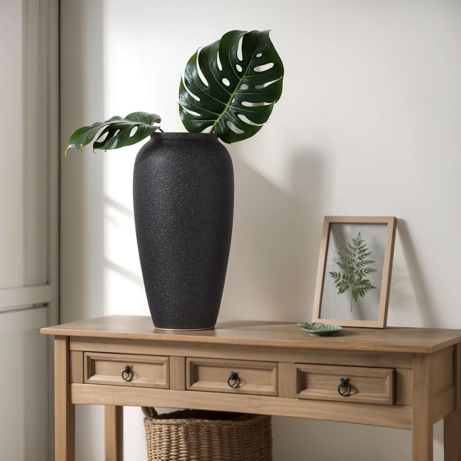 13.8 Inch Tall Matte Black Ceramic Vase, Modern Rustic Decorative Vase for Flowers, Pampas Grass or Greenery, Large Tabletop Accent for Entryway, Living Room, Mantel