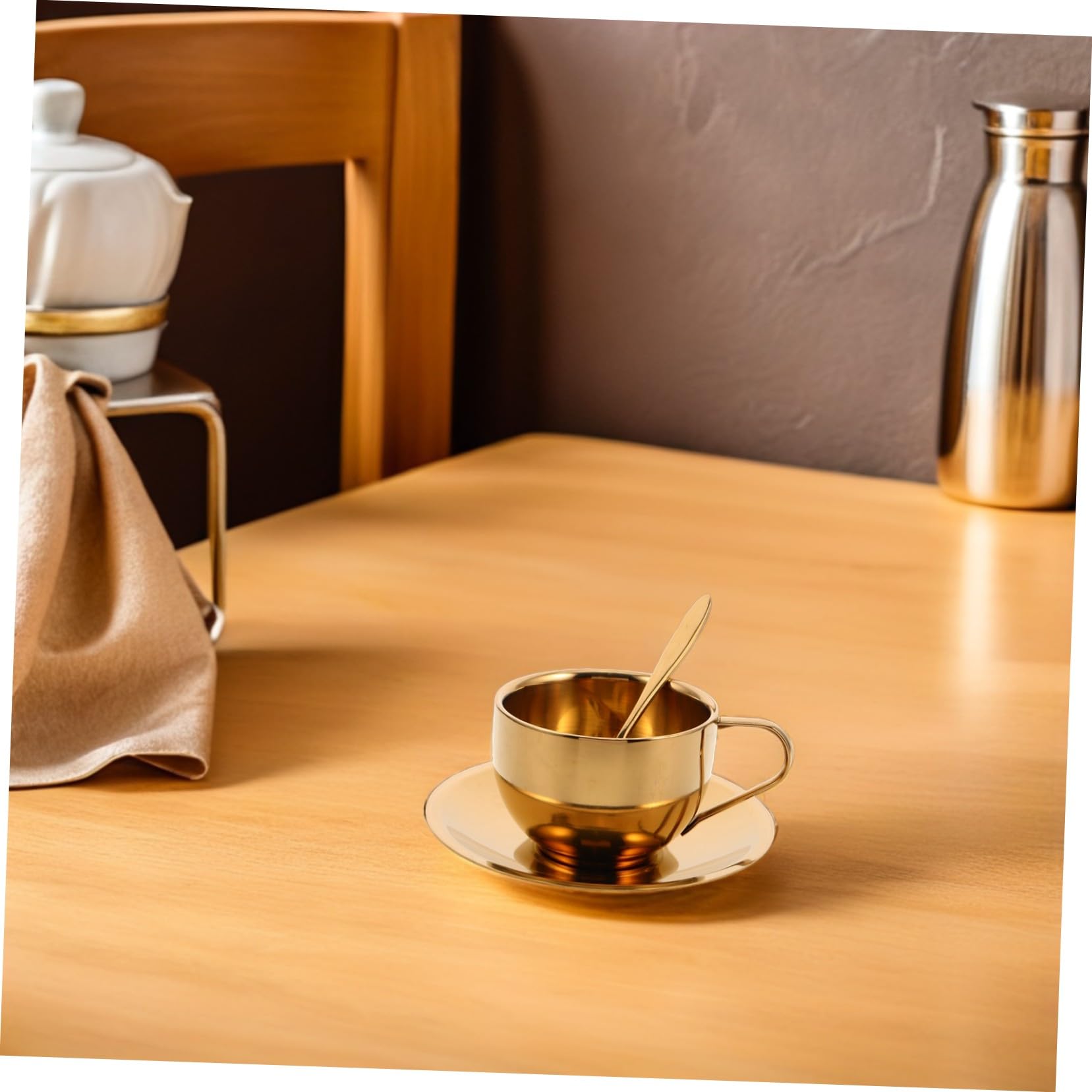Hemobllo Tazza da Caffè in Acciaio Inox Doppia Parete 200ml Argento | Set da 1 Pezzo con Cucchiaio e Piattino, Adatto per Latte e Tè, per Riunioni e Uso Quotidiano