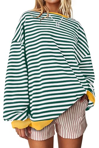 UEU Women Oversized Striped Crewneck Sweatshirt Long Sleeve Color Block Pullover Tops Casual Loose Workout Shirt