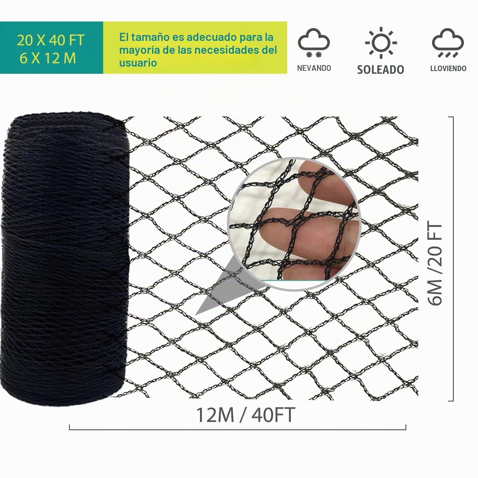 Malla antipajaros Red Proteccion - Malla de 15 mm Adecuada para Proteger Jardines estanques huertos Red para Pollos Negro (6 * 12m-15mm)