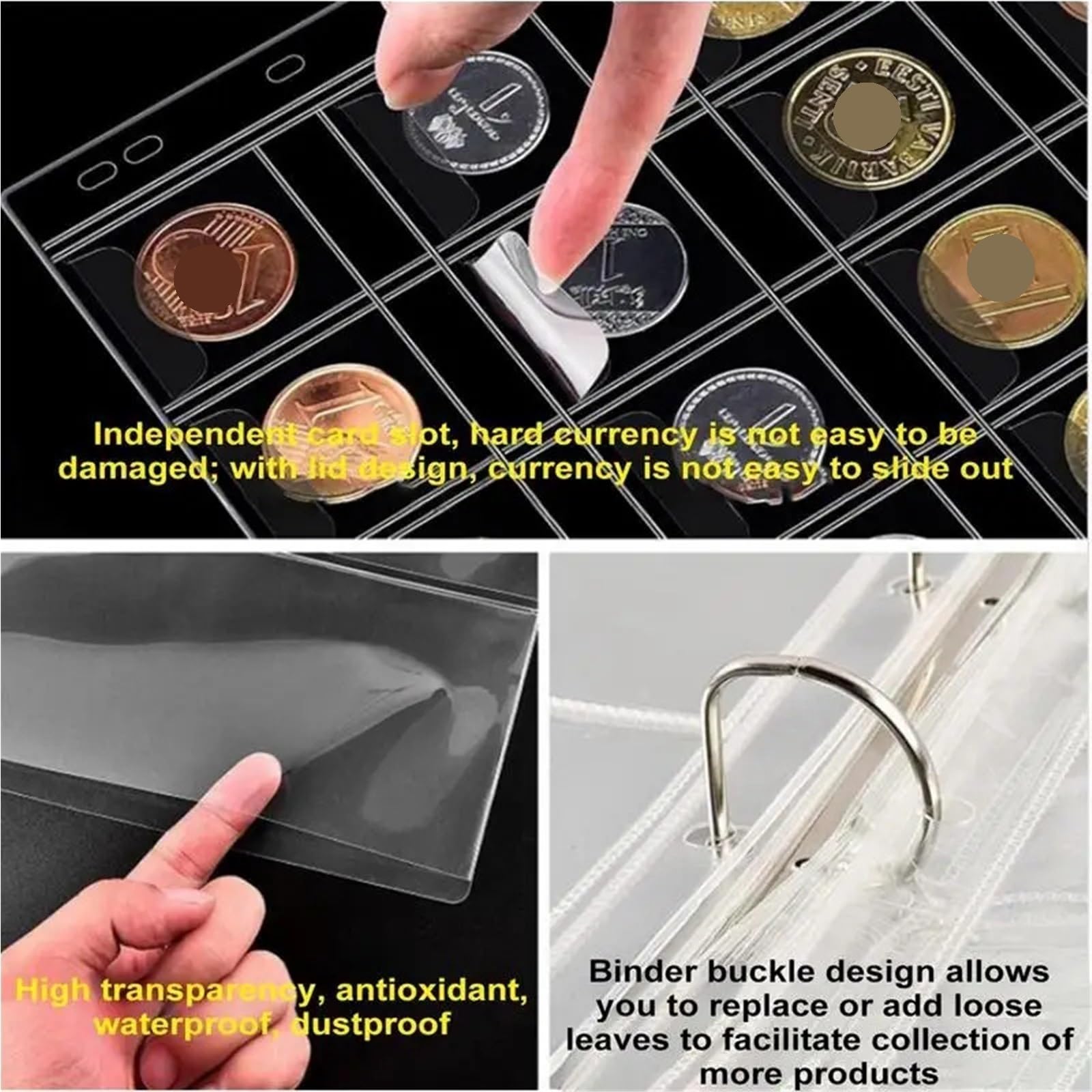 Album Monedas Portable Coin Collection Set 200 30 Paper Money Panels PVC Transparent Philatelic Book Album with Zipper Protection(Black Set)