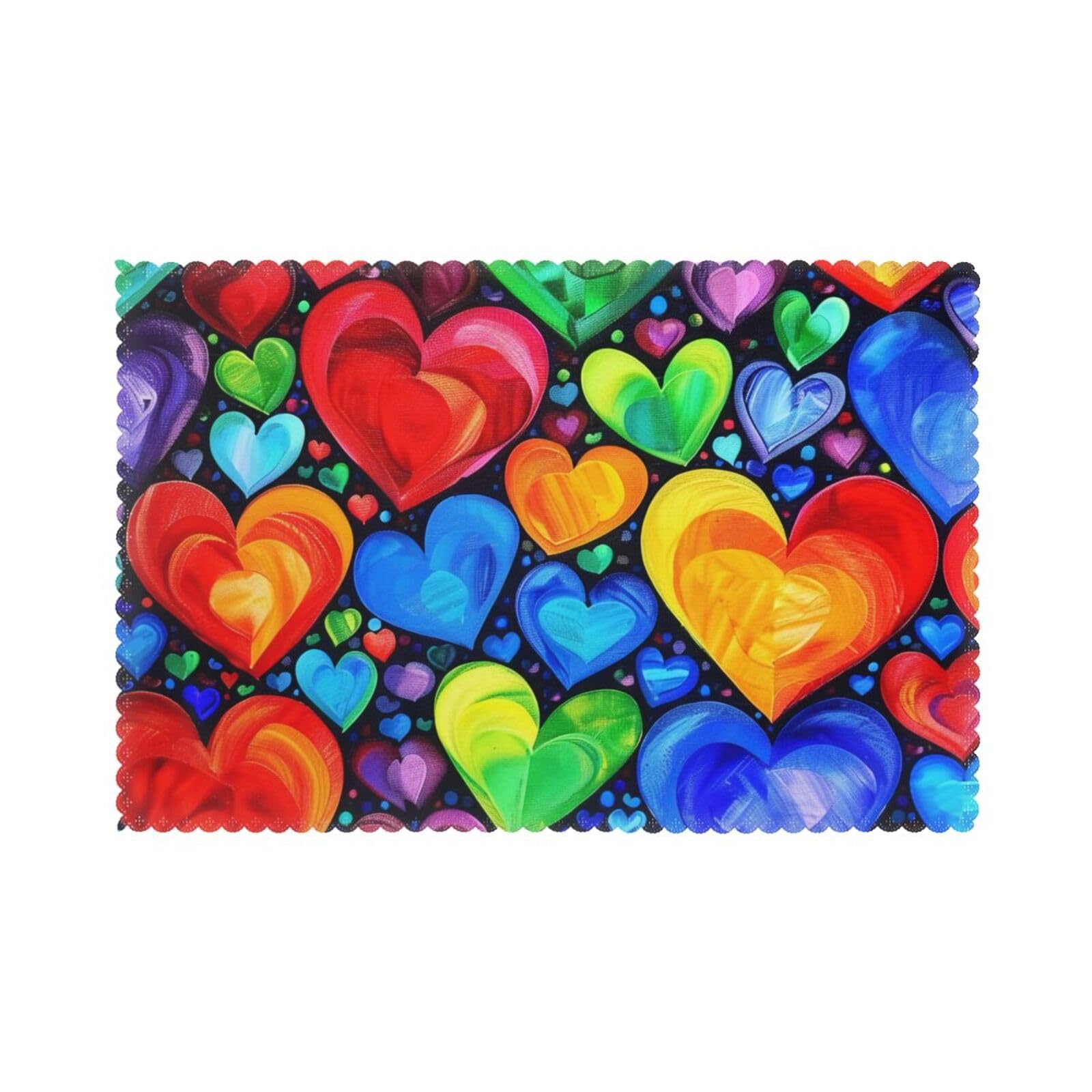Rainbow Hearts Printed Placemat Heat Resistant Place Mats Set of 6 PCS Washable Kitchen Table Mats, 12x18 Inch