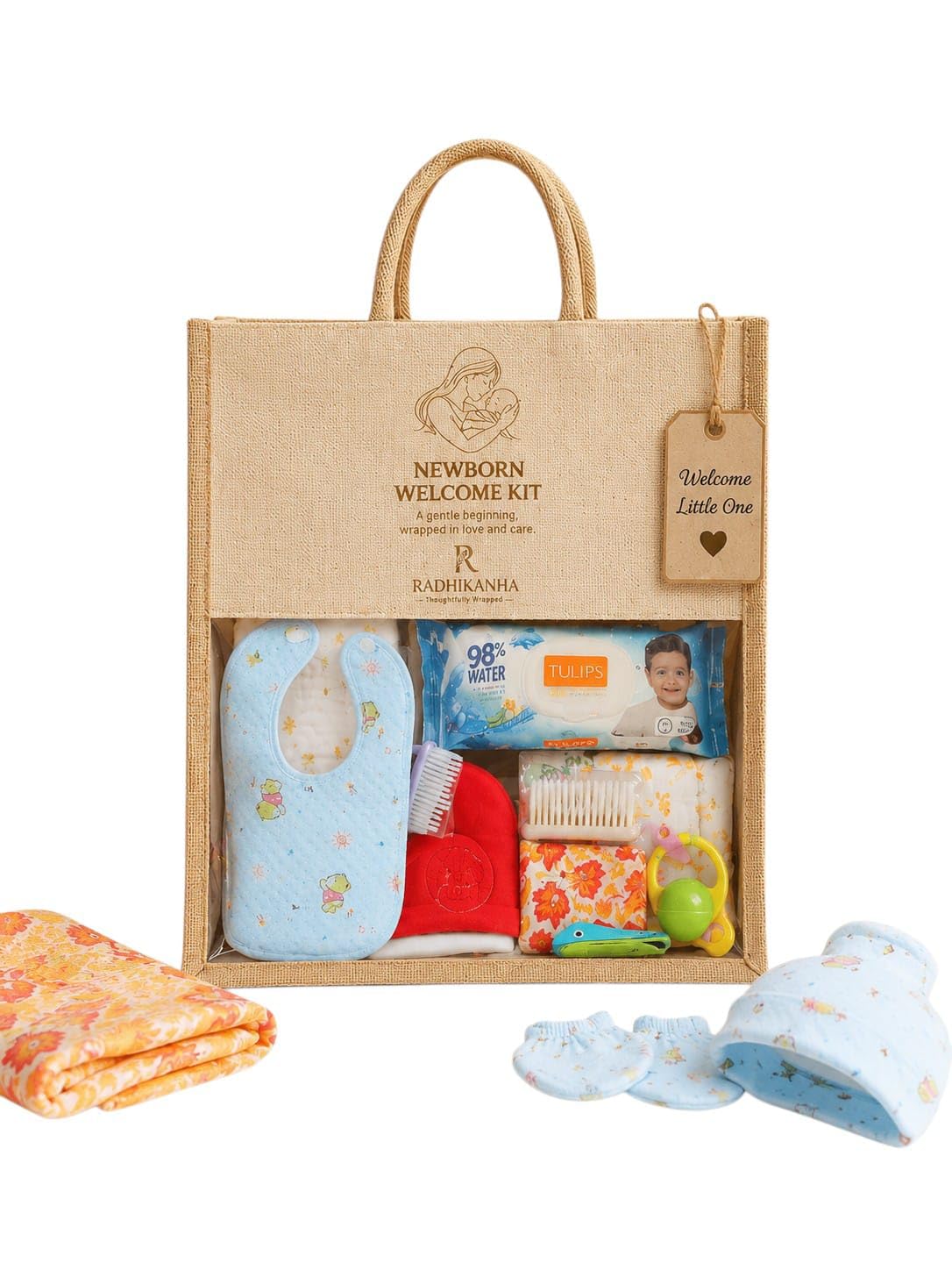 Premium Newborn Welcome Kit + Premium Jute Bag, Baby & Mother Essentials, 0-9 Months, Gifting|Shagun, Muslin BIB & Small Towel|Wipes|Cap+Mittens+Booties|Rattle|Cotton Dupatta|Comb|Nail Care | Mother & Baby Essentials, Muslin Bib & Towel, Cap, Mittens & Booties, Rattle & Nail Care, Reusable Jute Bag-image-42