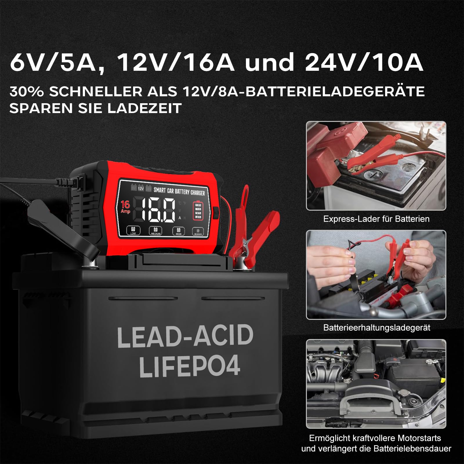 16A 6V/12V/24V Autobatterieladegerät-Haisito Intelligentes Ladegerät mit LCD-Display, Batteriepfleger,Erhaltungsladung&Entsulfatierung für AGM,LiFePO4,Blei-Säure(Motorrad, Wohnmobil, Caravan)