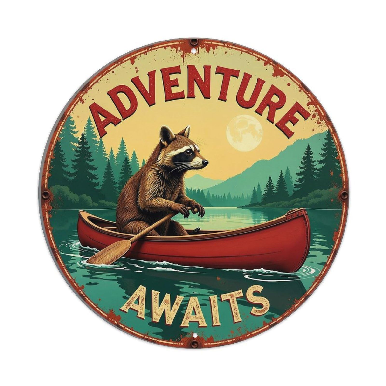 Adventure Awaits Raccoon Canoe Nature Vintage Round Tin Sign Retro Metal Wall Decor Metal Poster, Home Bar Garage Cafe Wall Art Decoration 8x8Inches