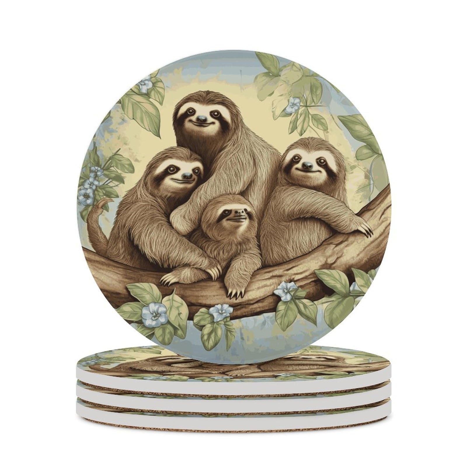 Sloth Family Coaster with Cork Base Drink Coasters for Coffee Table Decor Modern Cup Coasters with Non-Slip & Heat-Resistant Cute Ceramic Table Coaster for Home Dining