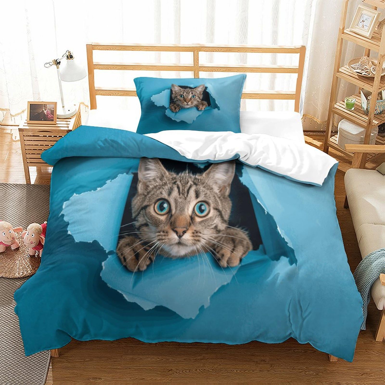 P1S9U7W5Y Realistic Torn Cat 3D Printed Duvet Cover Set 3pcs Soft Microfiber Cat Bedding Set Single（135x200cm）