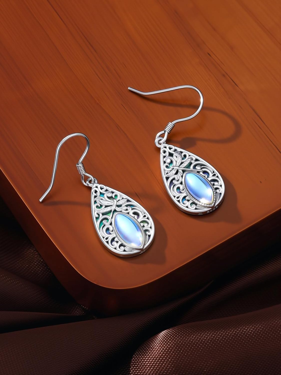 Dorunmo Filigree Earrings Sterling Silver Moonstone Teardrop Filigree Abalone Shell Drop Dangle Earrings Leverback Jewelry - Image 2