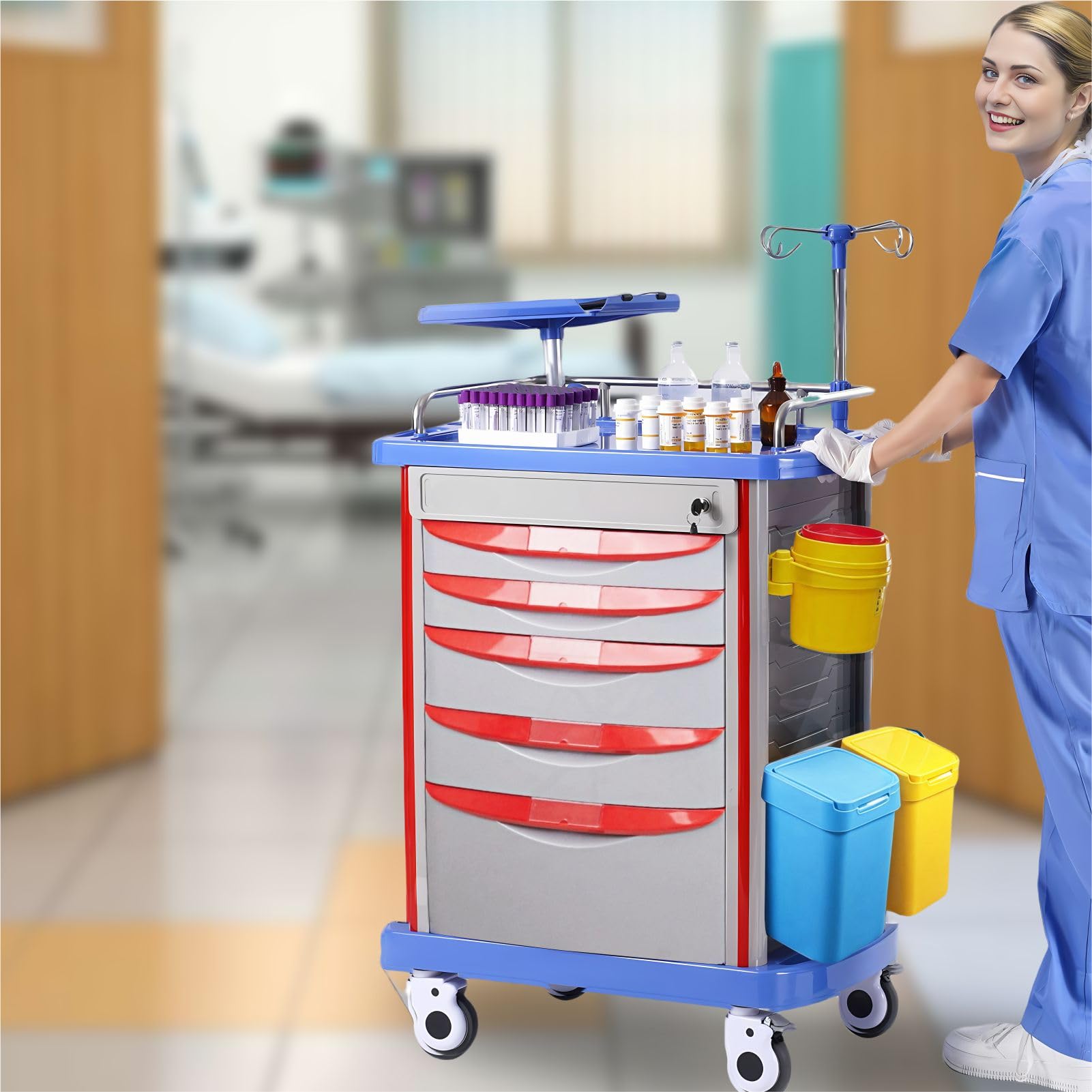 Carrello di incidente con accessori - carrello mobile per il trattamento di emergenza con palo IV, scheda cardiaca, O ₂ Portaserbatoio, cestino e cassetti per centro infermieristico clinico
