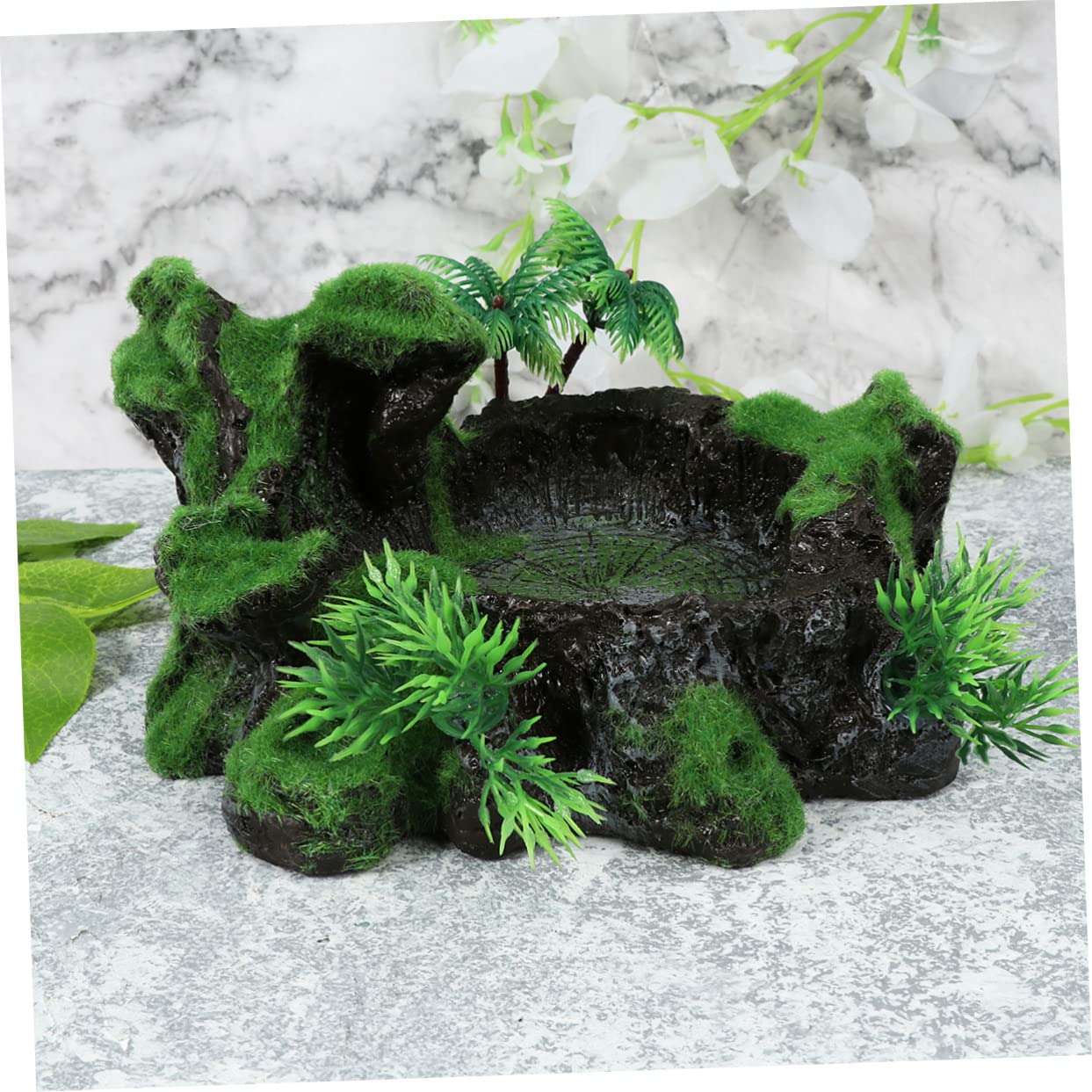 Happyyami Simulated Flocking Tree Decoration Resin Pet Bowl for Lizards Reptiles and Turtles Aquarium Feeding Tool and Underwater Ornament Safe for Your Pet Health